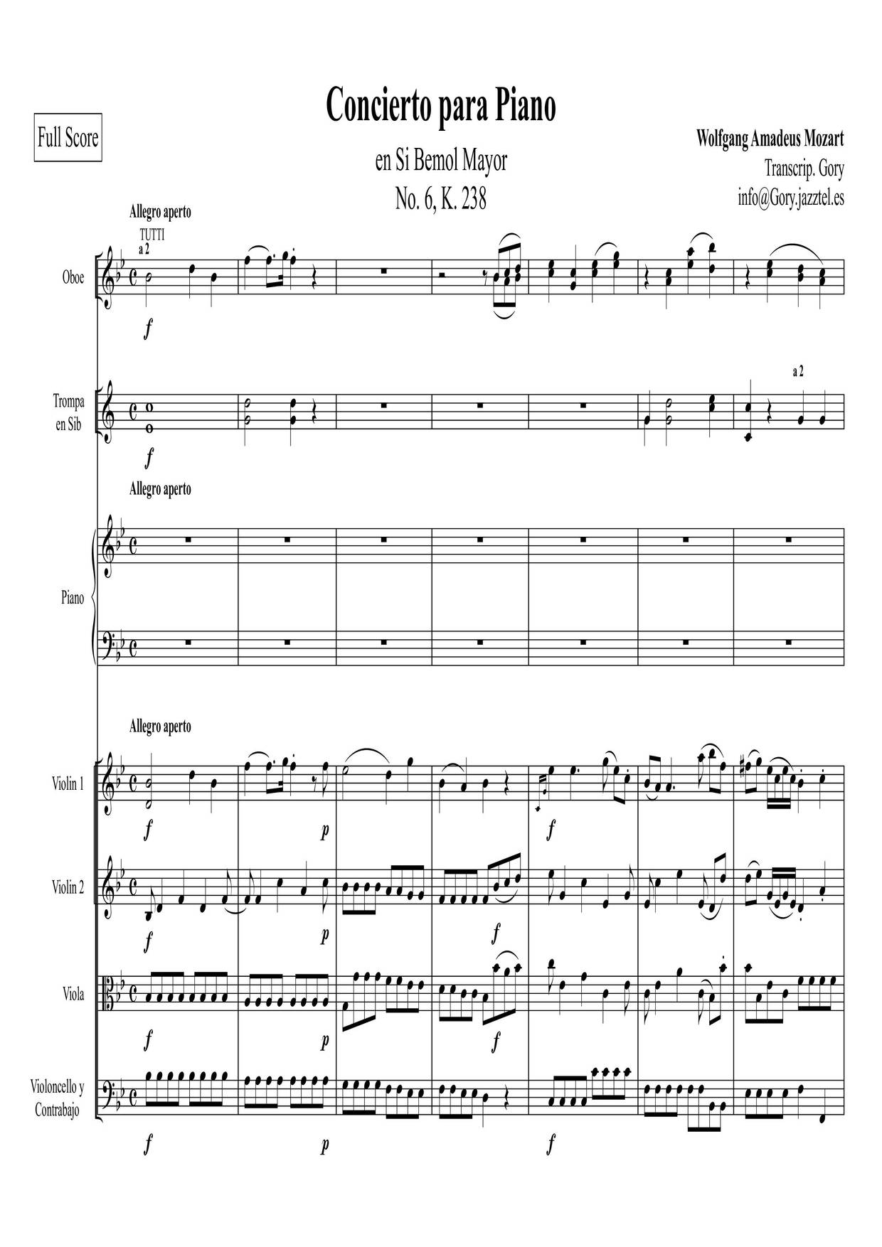 Piano Concerto No. 6 In B-Flat Major, K. 238ピアノ譜