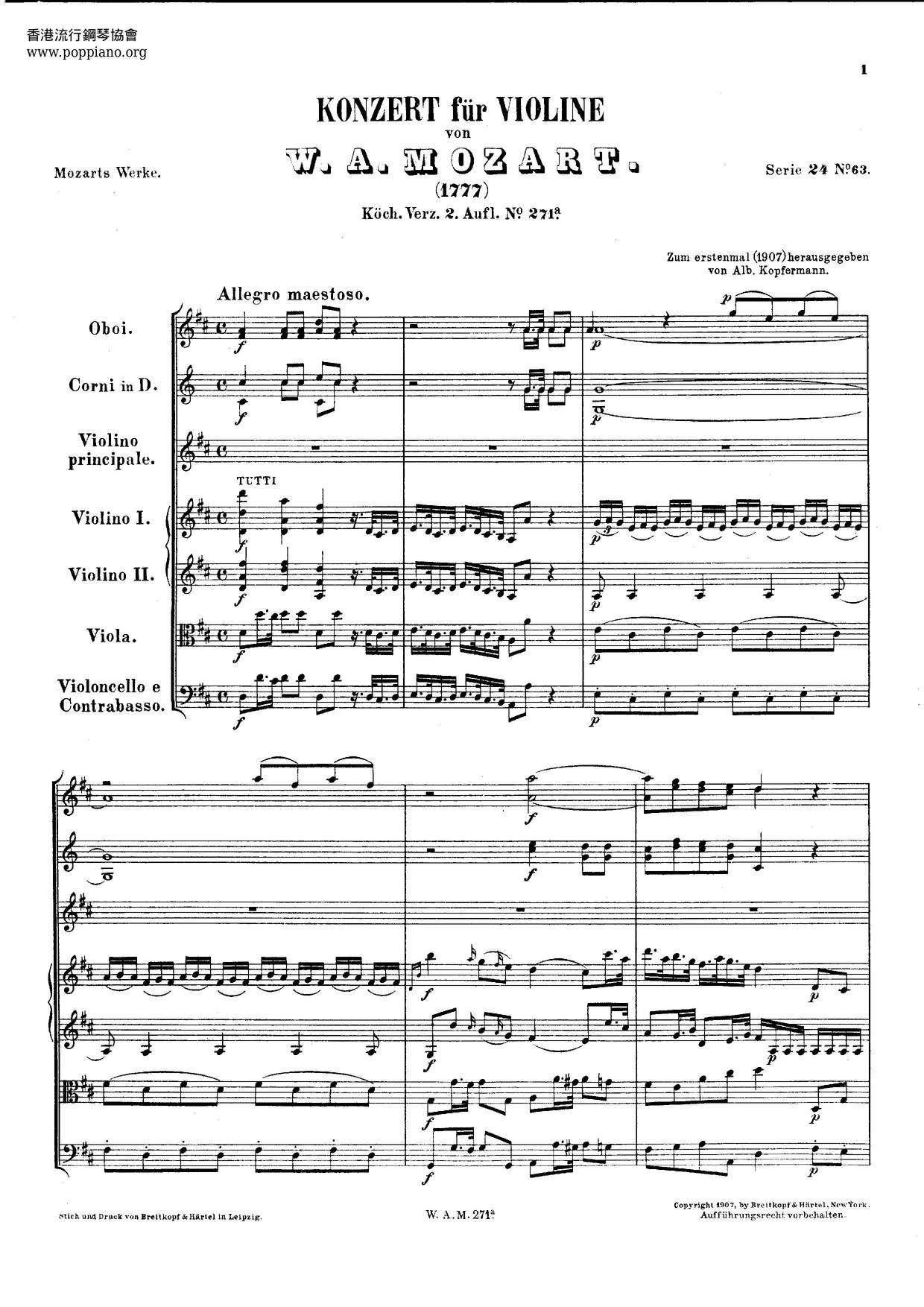 Violin Concerto In D Major, K. 271A/K.271Iピアノ譜