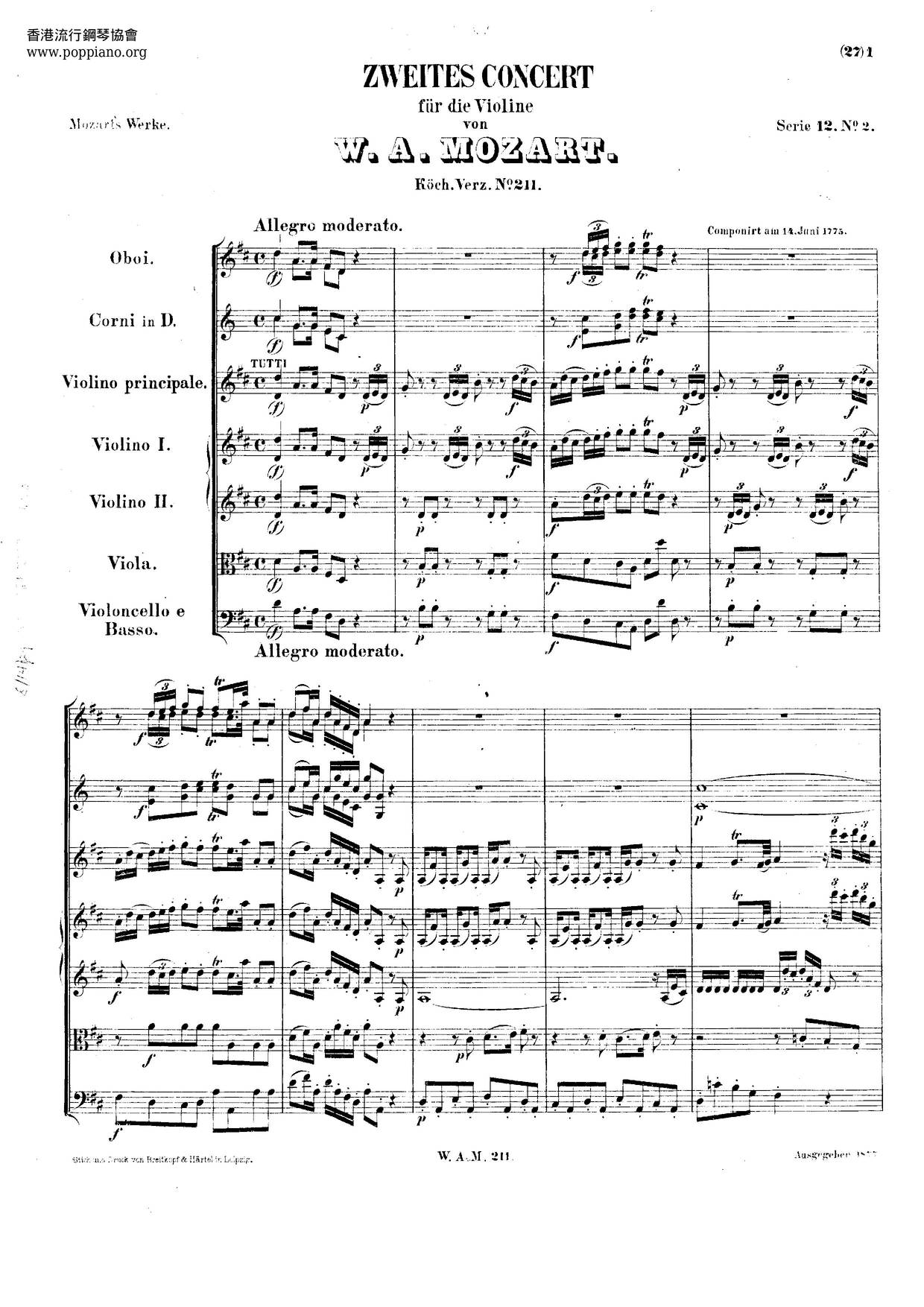 Violin Concerto No. 2 In D Major, K. 211 Score