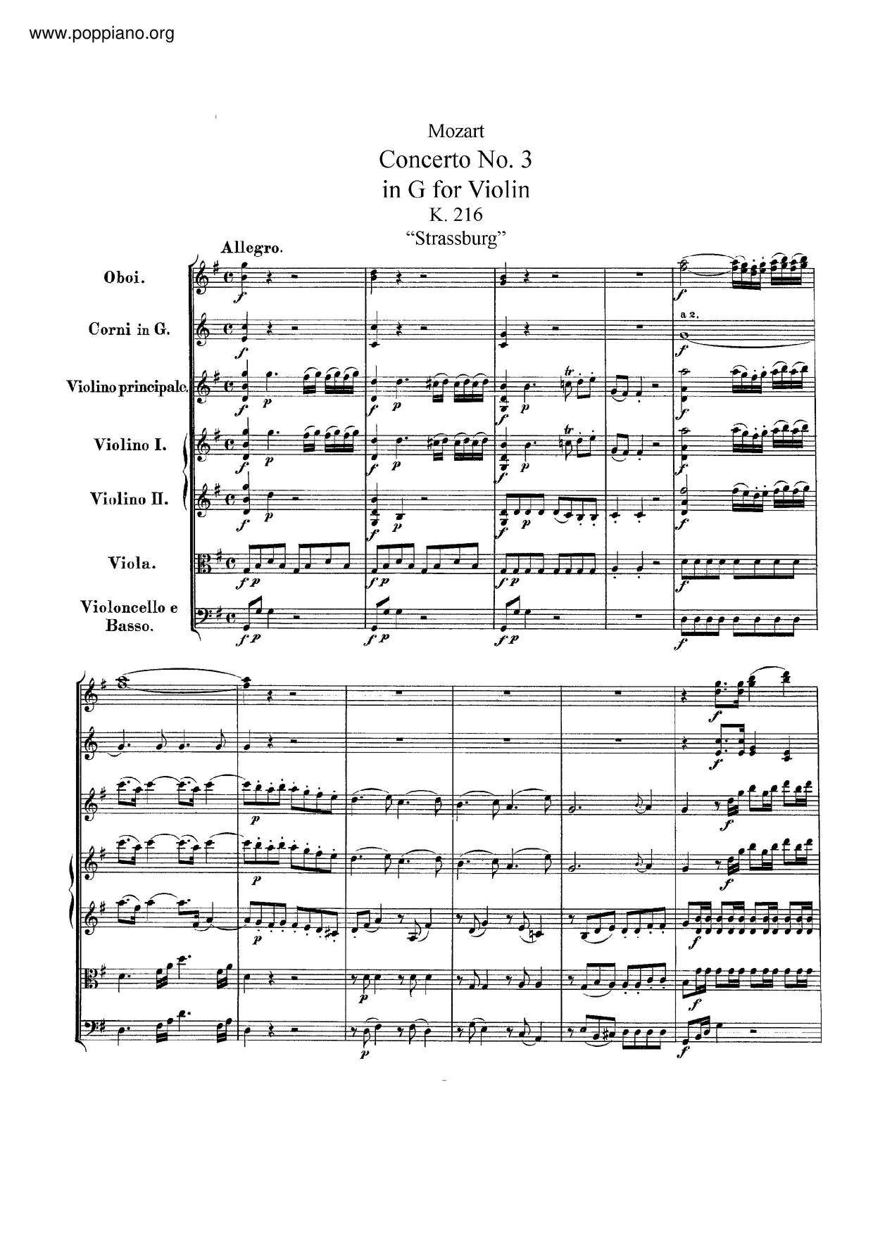 Violin Concerto No. 3 In G Major, K. 216琴譜