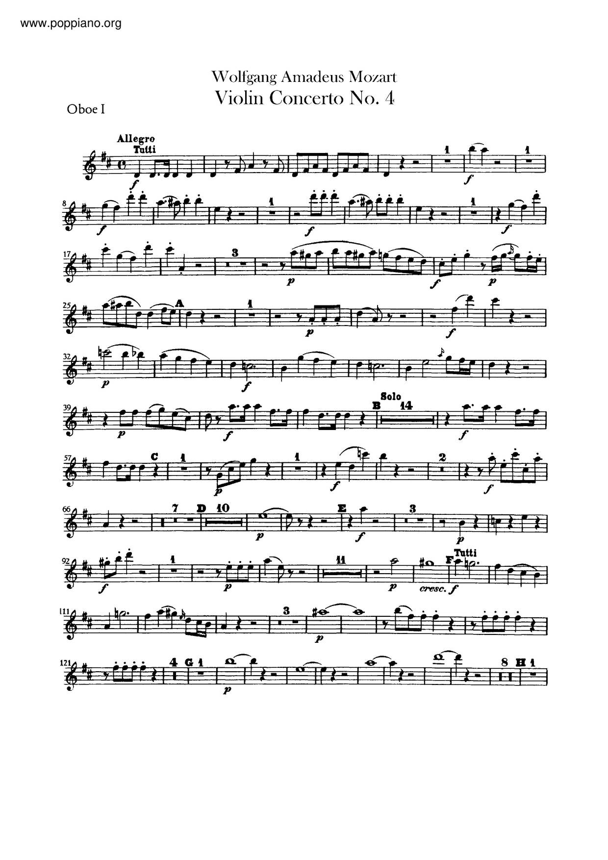 Violin Concerto No. 4 In D Major, K. 218琴谱