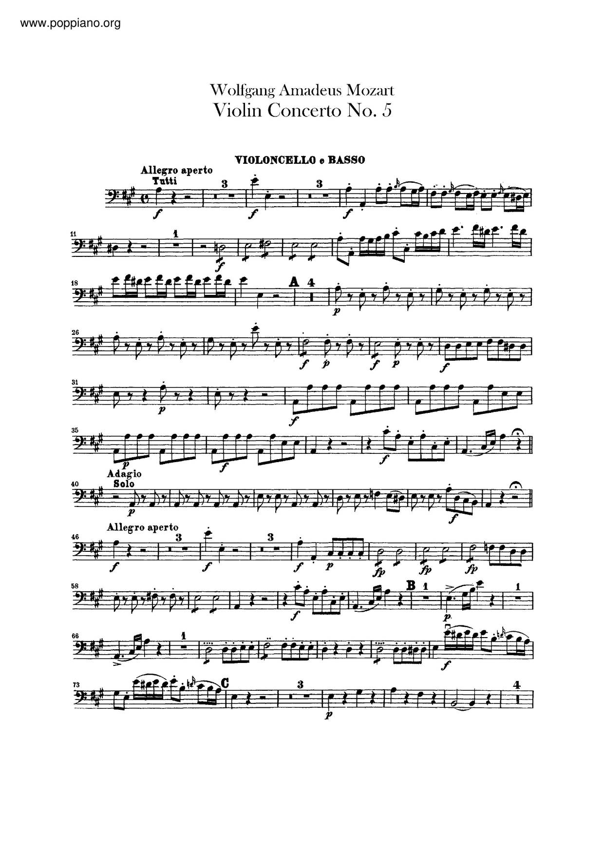 Violin Concerto No. 5 In A Major, K. 219琴谱