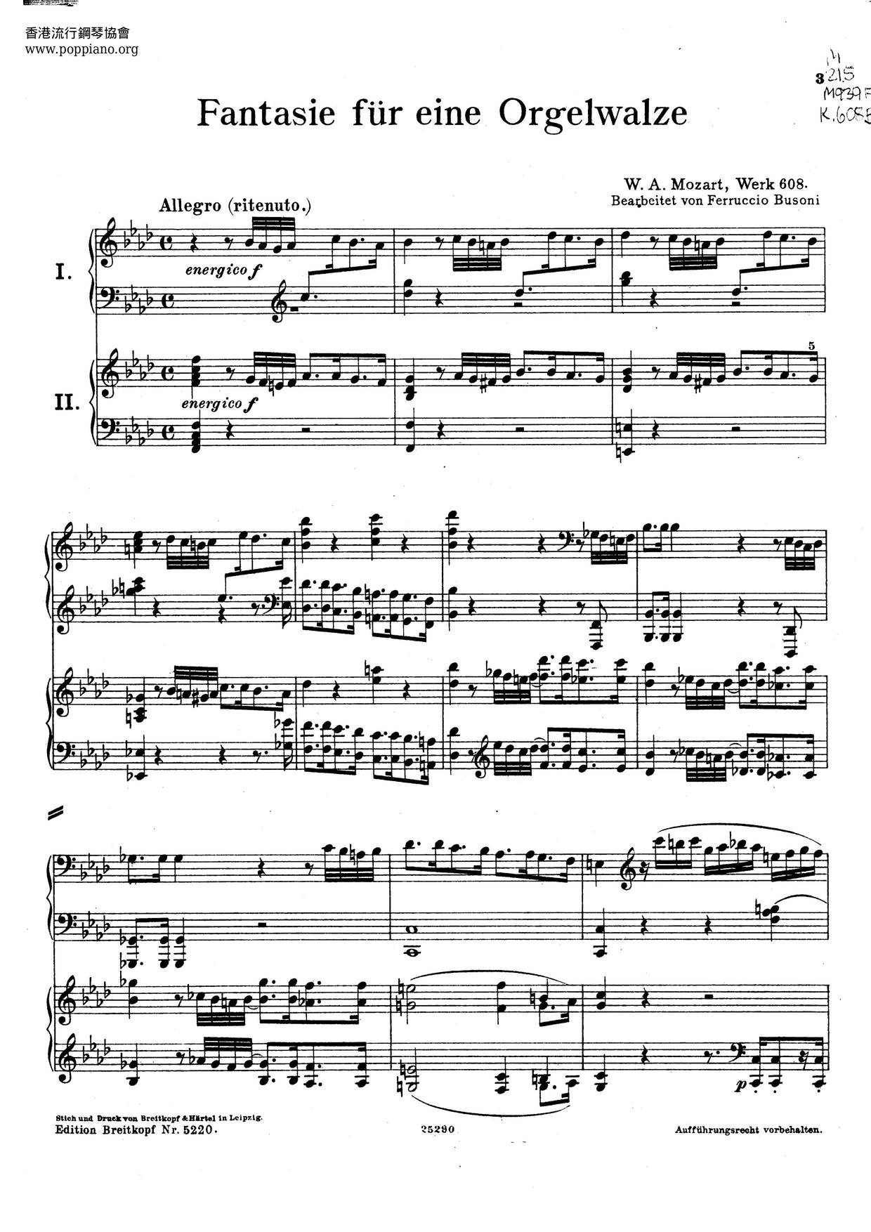 Fantasia In F Minor, K. 608 Score