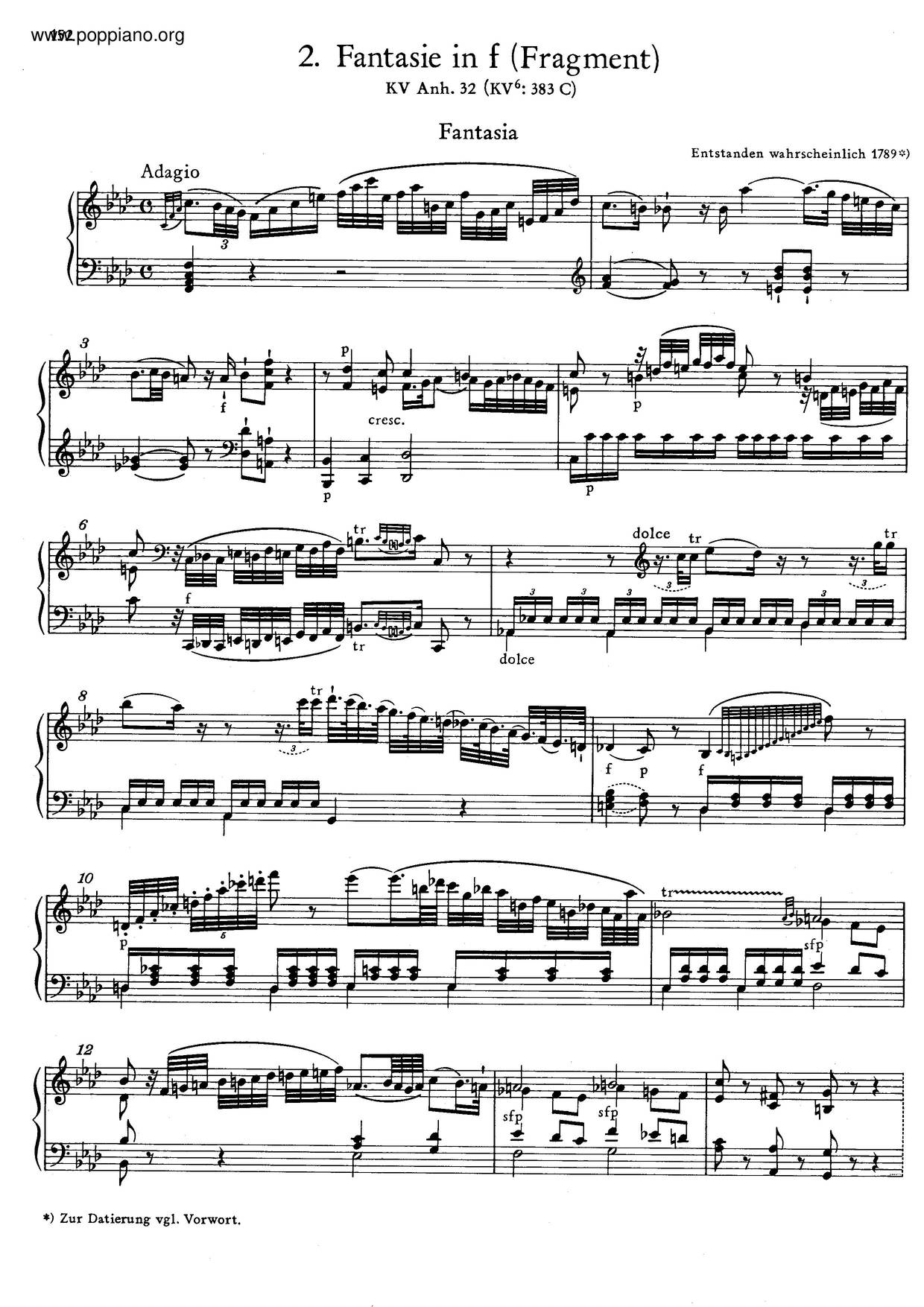 Fantasie In F Minor, K. Anh. 42 Score