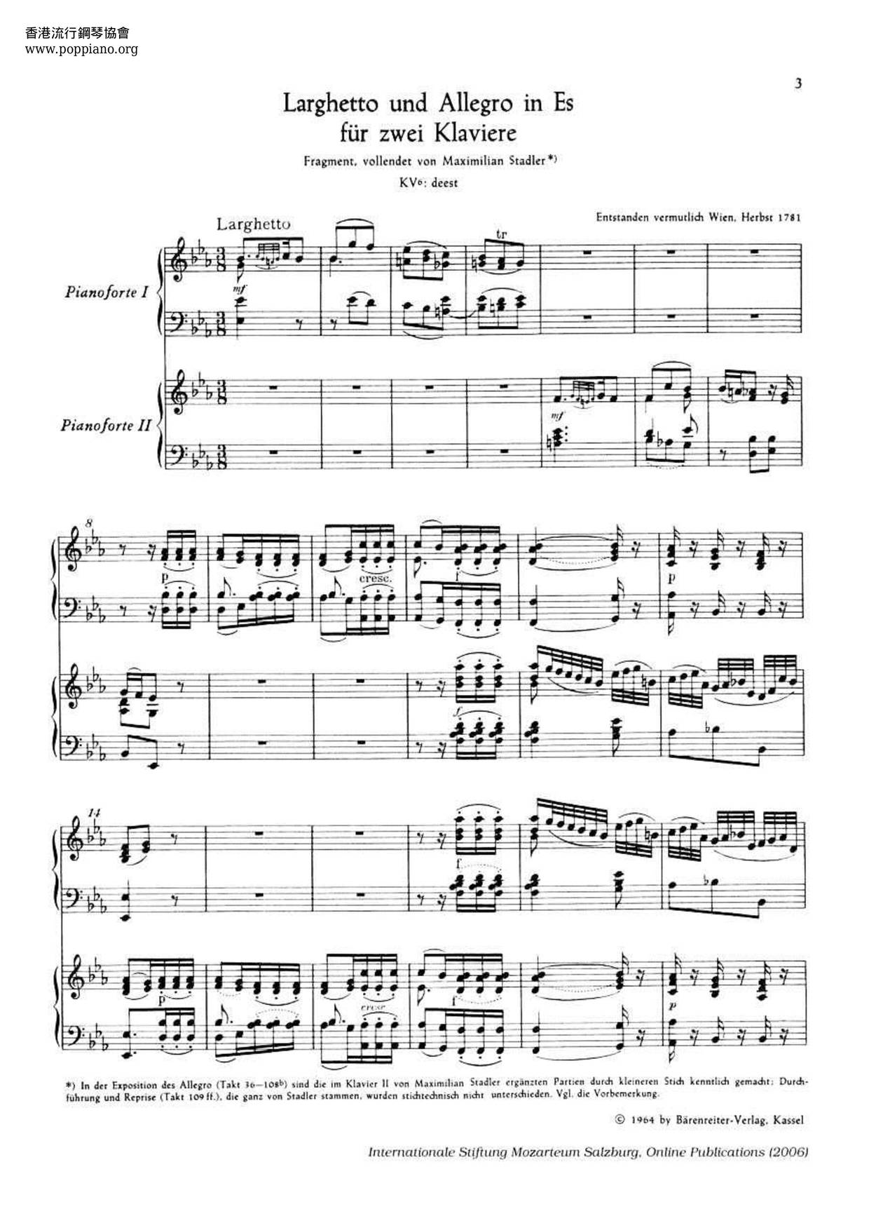 Larghetto And Allegro In E-Flat Major, K. Deest琴譜
