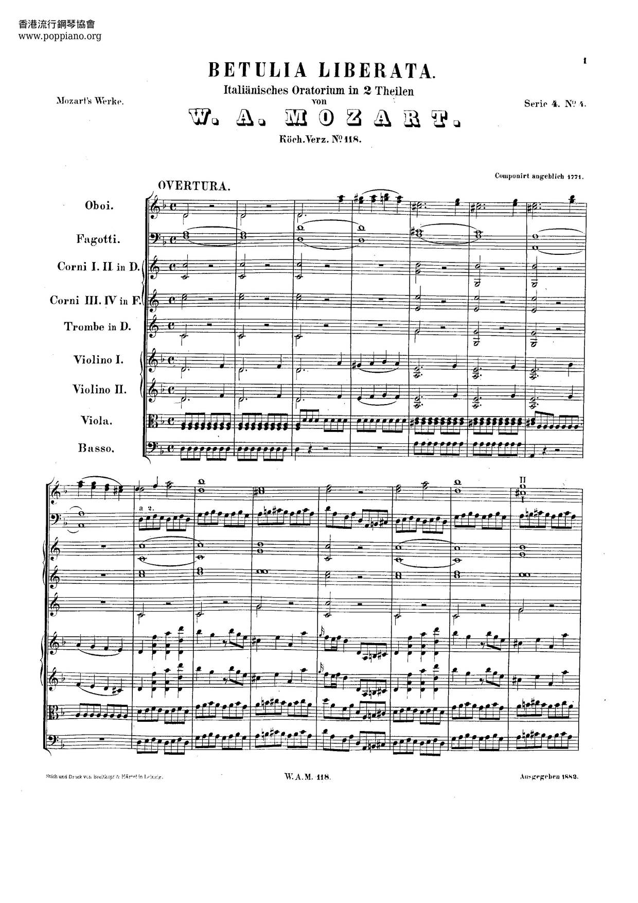 La Betulia Liberata, K. 118/74Cピアノ譜