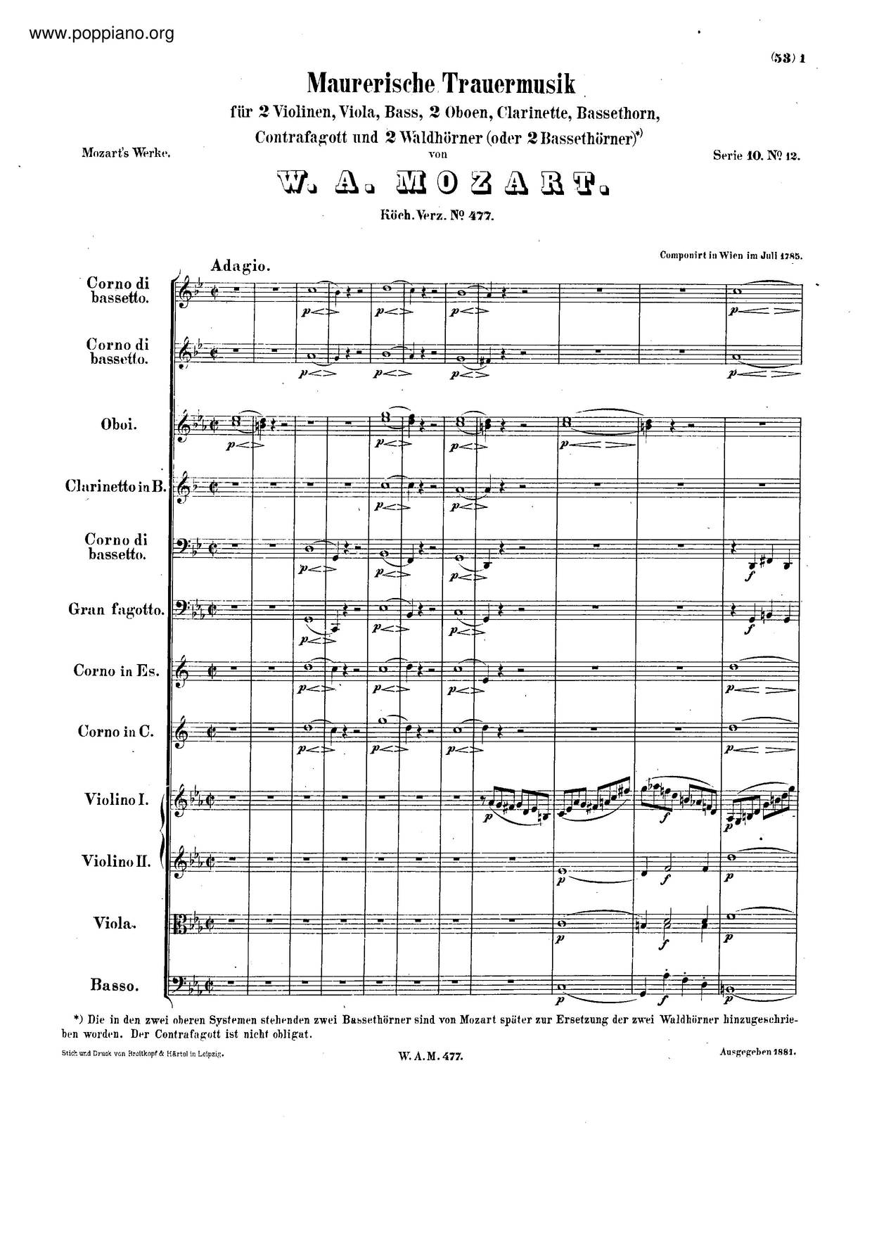 Maurerische Trauermusik, K. 477/479A Score