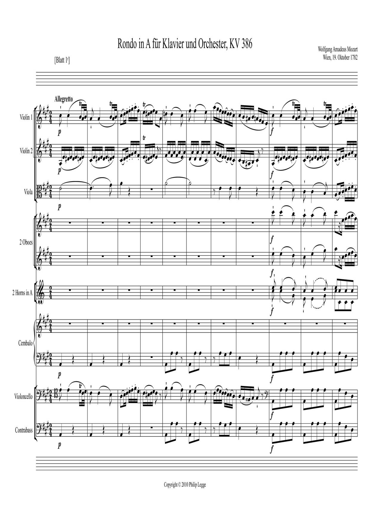 Rondo In A Major, K. 386 Score
