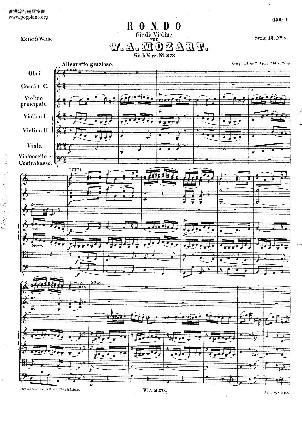 Rondo In C Major, K. 373琴譜