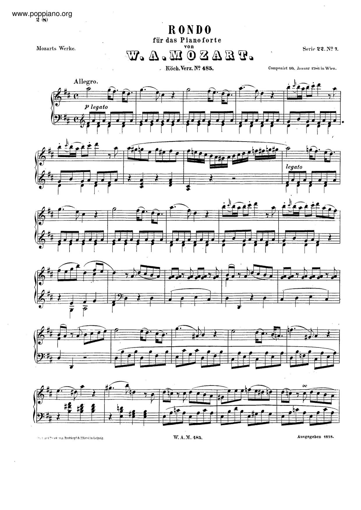 Rondo In D Major, K. 485琴譜
