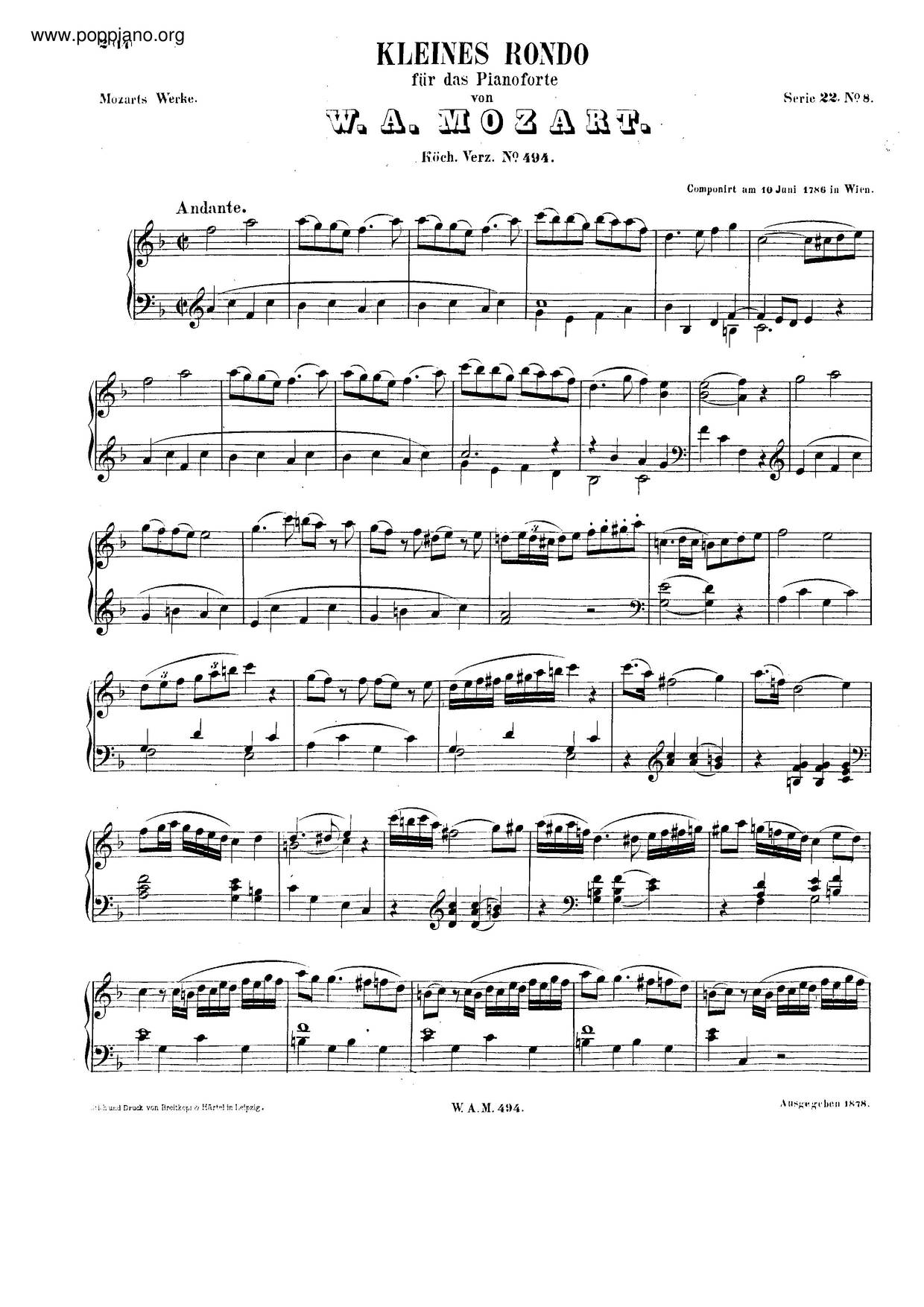 Rondo In F Major, K. 494琴譜