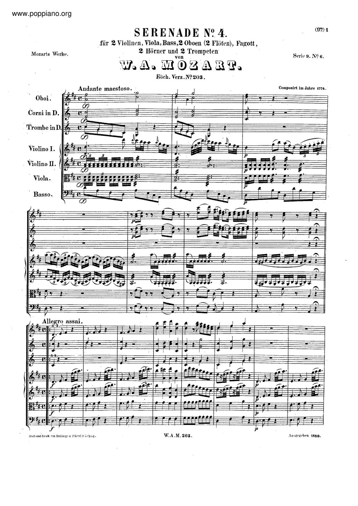 Serenade In D Major, K. 203/189B Score