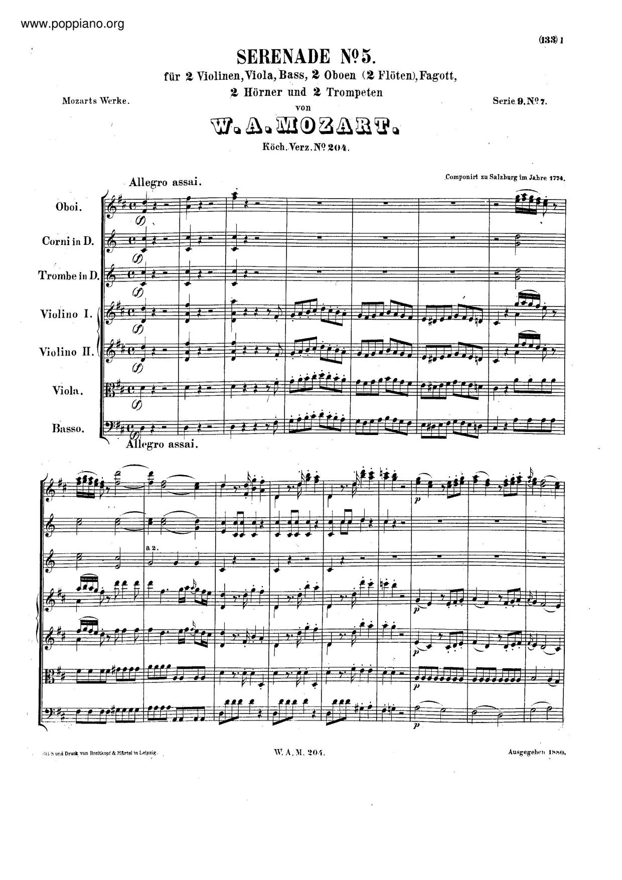 Serenade In D Major, K. 204/213A Score