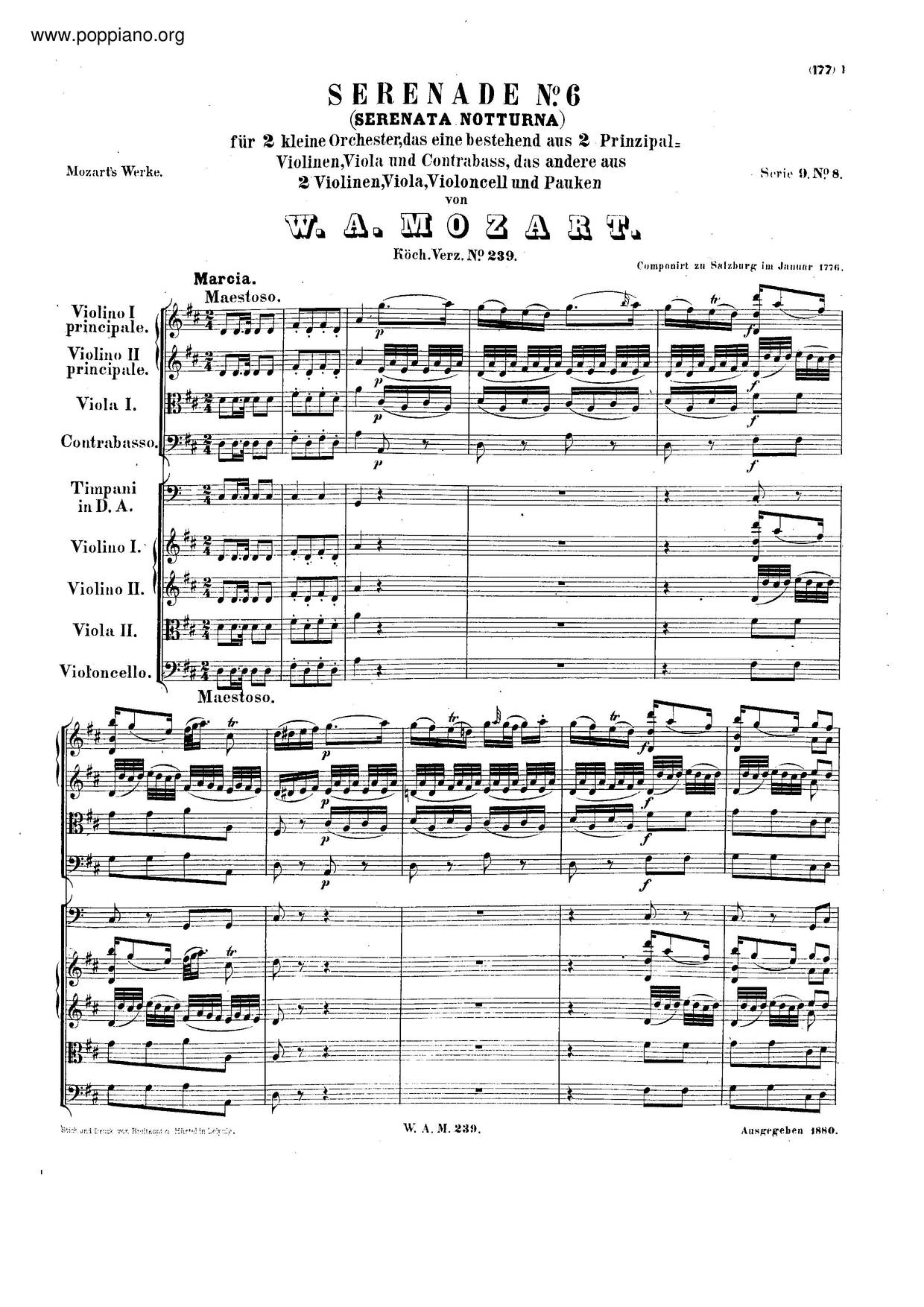 Serenade In D Major, K. 239ピアノ譜