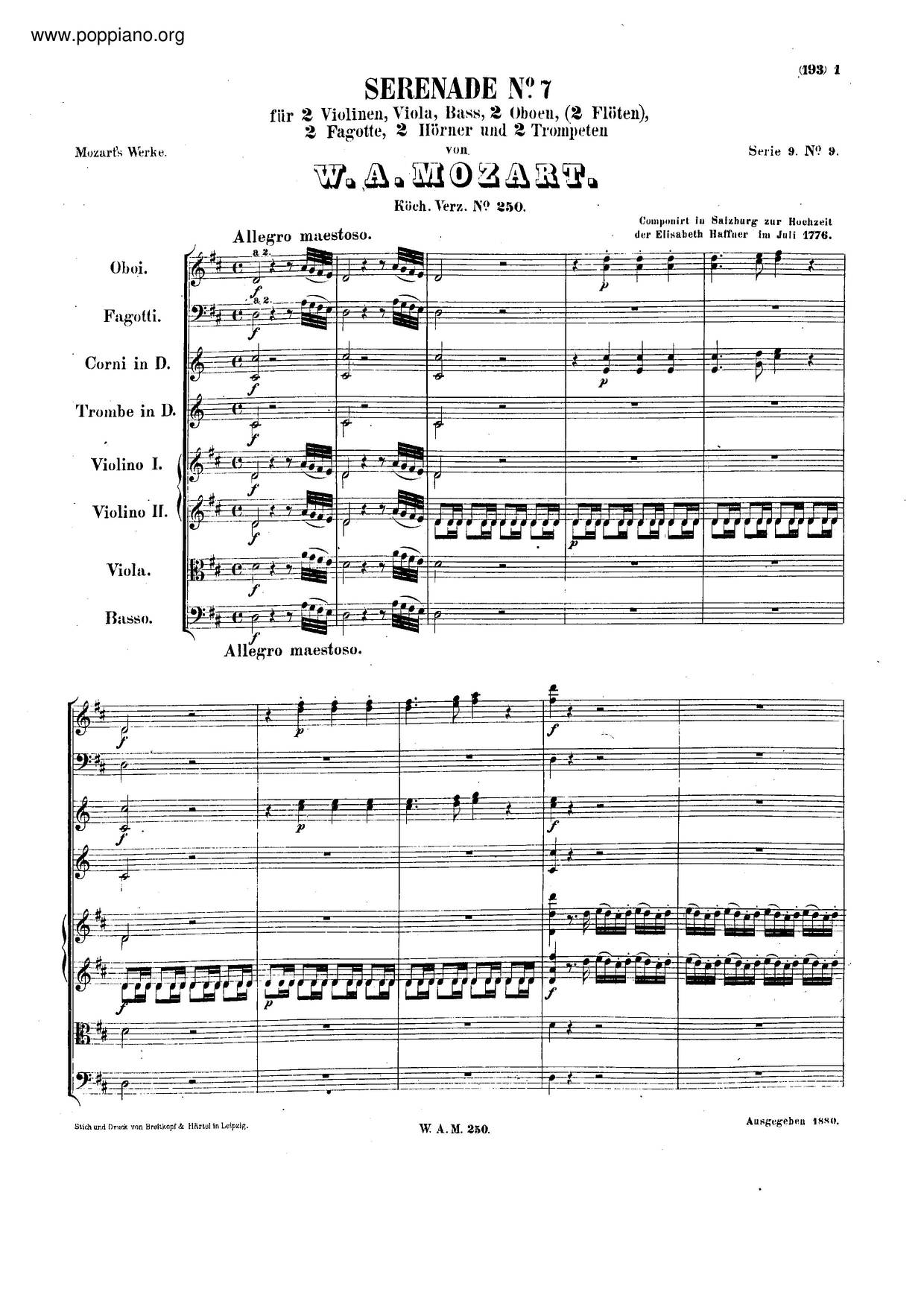 Serenade In D Major, K. 250/248B Score