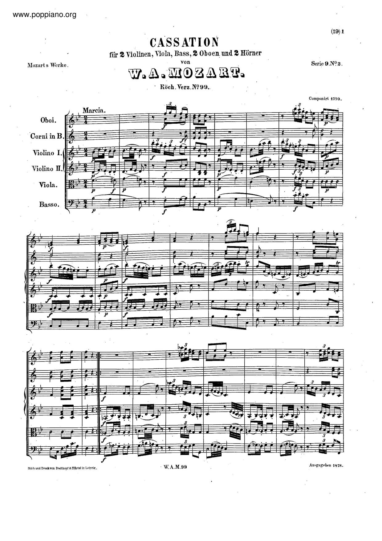 Cassation In B-Flat Major, K. 99/63A琴譜