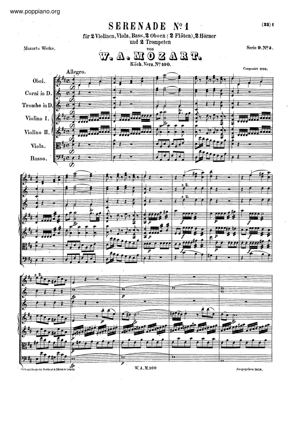 Cassation In D Major, K. 100/62A Score