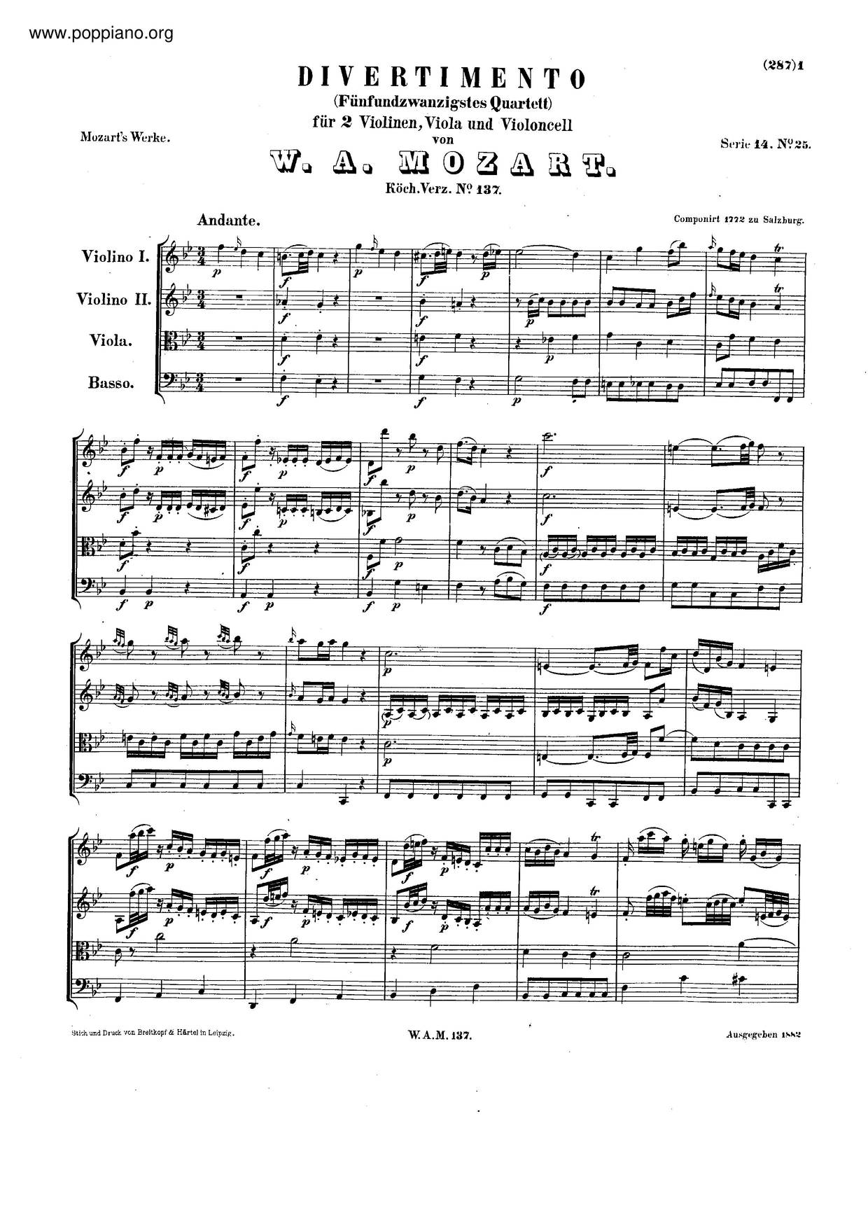 Divertimento In B-Flat Major, K. 137/125B琴谱