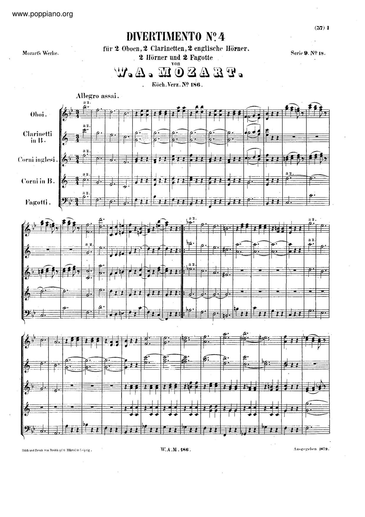 Divertimento In B-Flat Major, K. 186/159B琴谱
