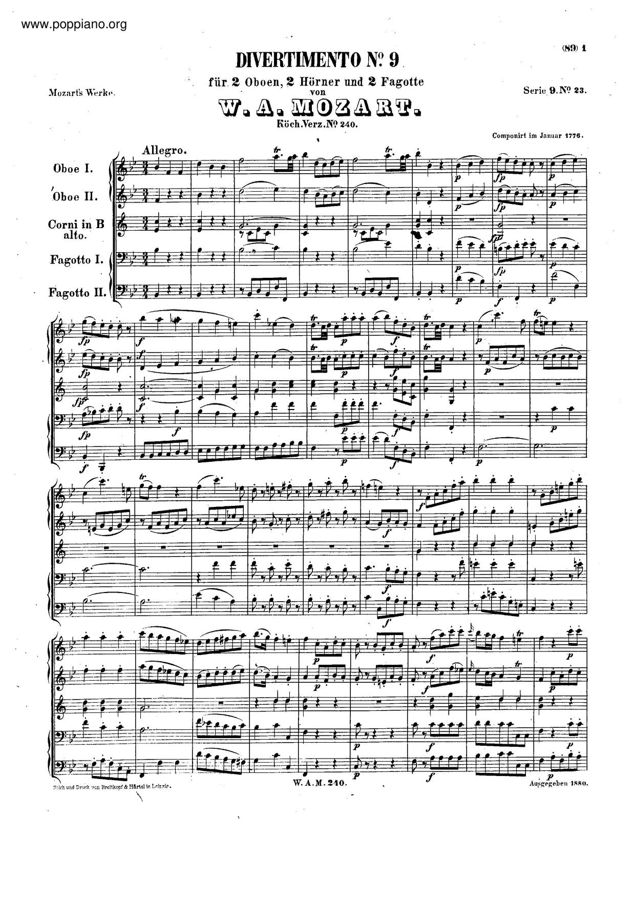 Divertimento In B-Flat Major, K. 240琴谱