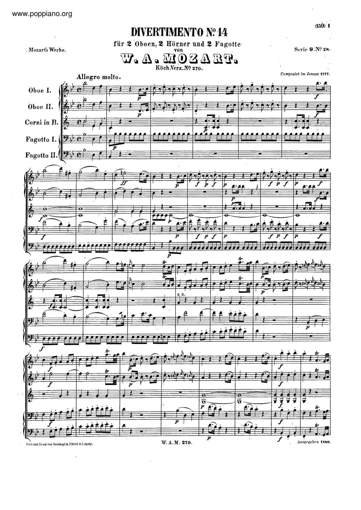 Divertimento In B-Flat Major, K. 270琴譜
