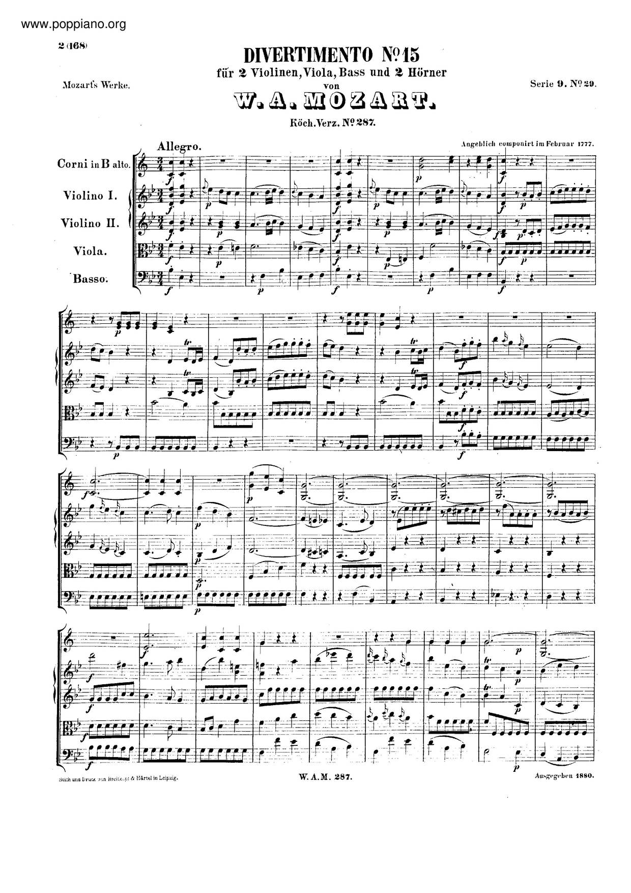 Divertimento In B-Flat Major, K. 287/271H琴譜