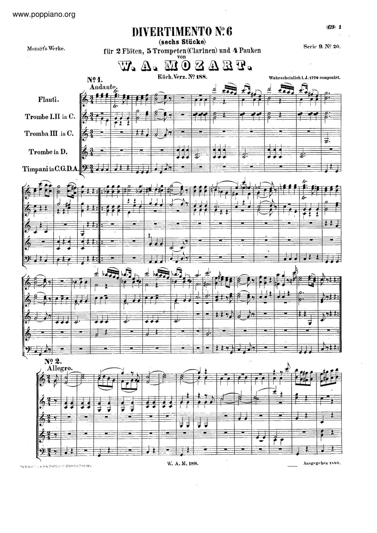Divertimento In C Major, K. 188/240B Score