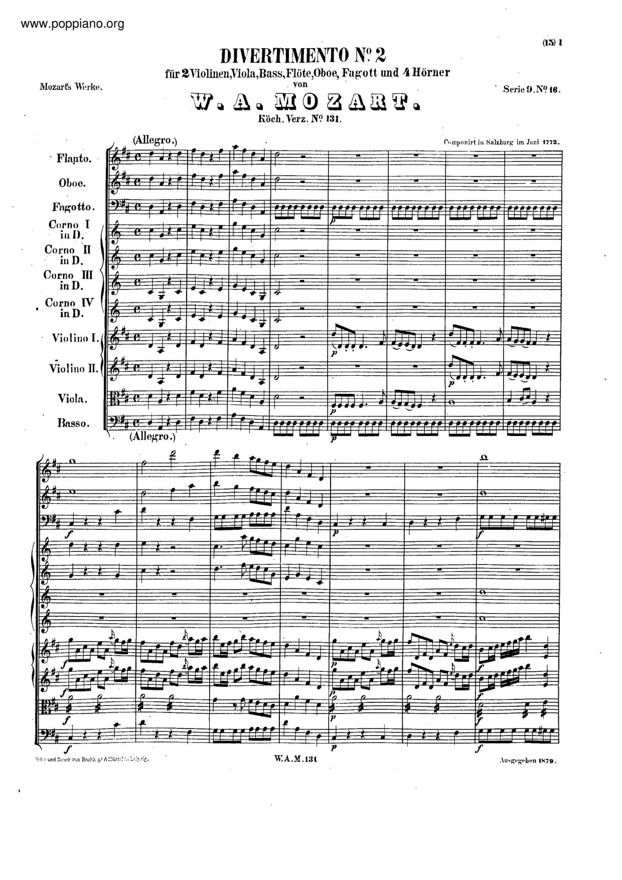 Divertimento In D Major, K. 131琴譜