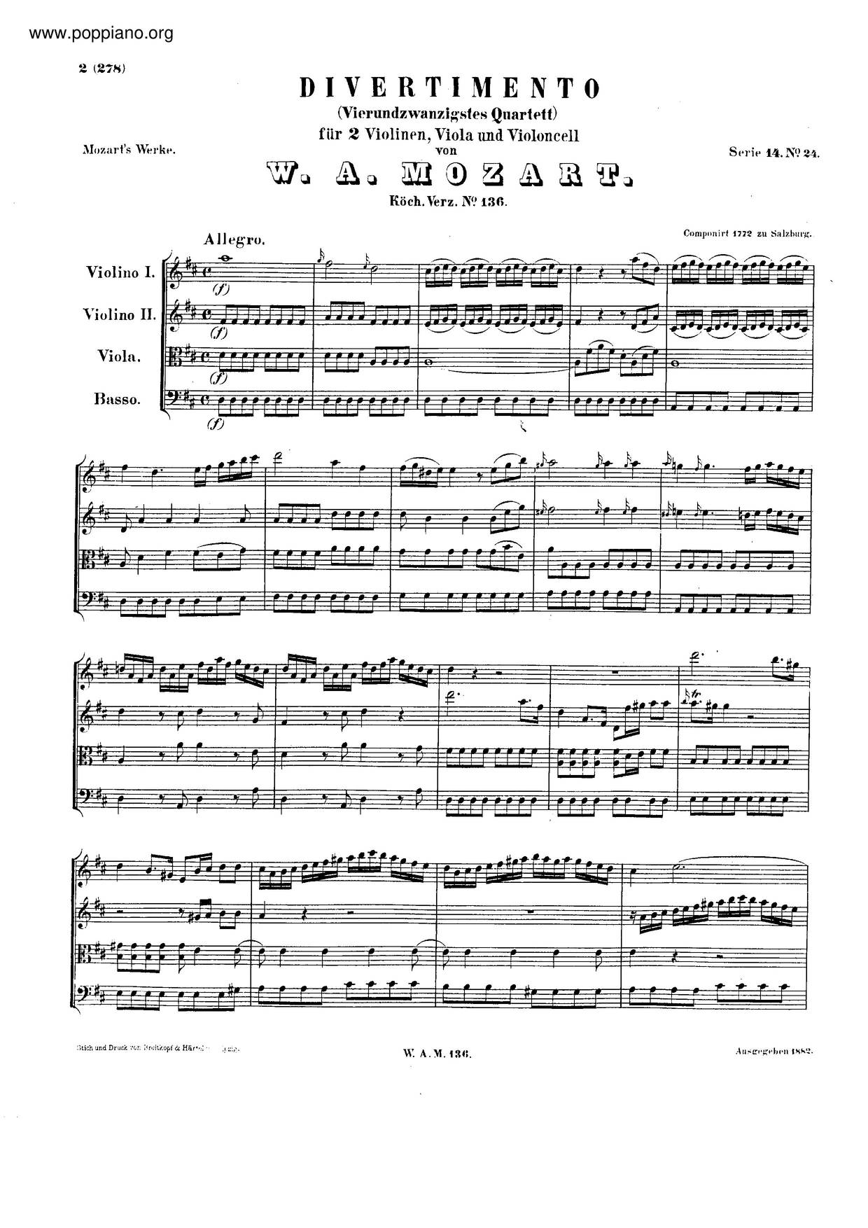 Divertimento In D Major, K. 136/125A Score