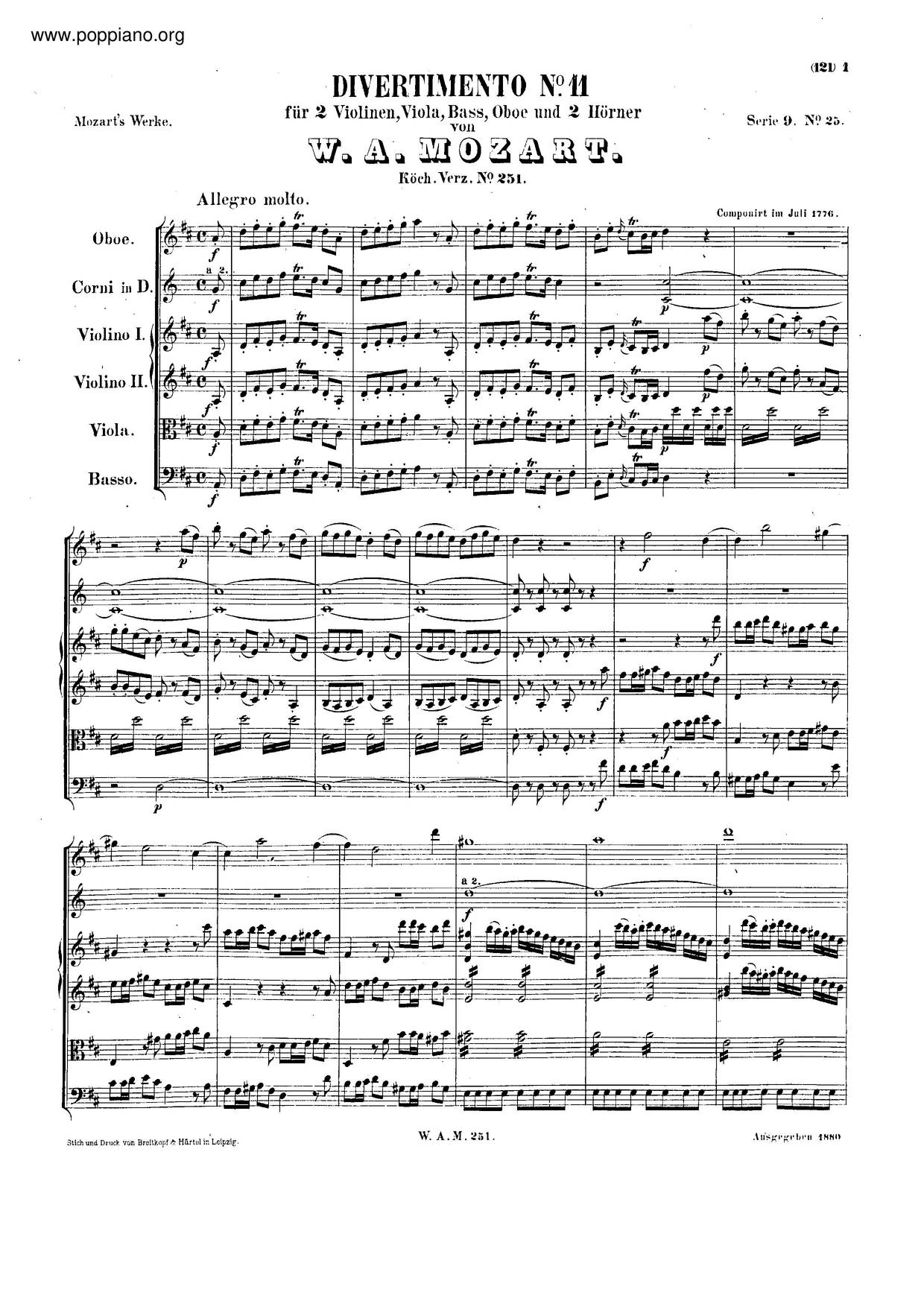 Divertimento In D Major, K. 251琴譜