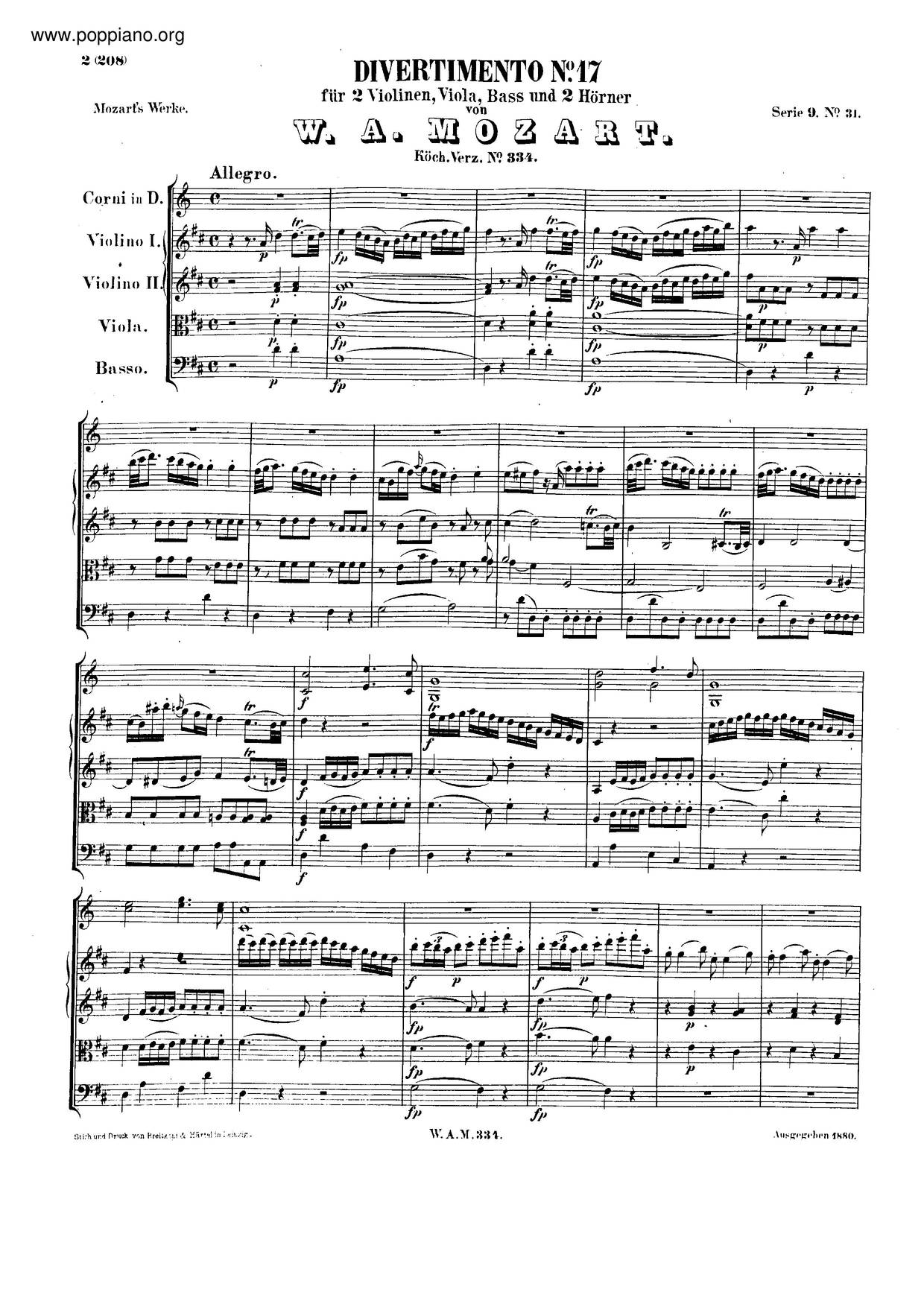 Divertimento In D Major, K. 334/320B琴谱