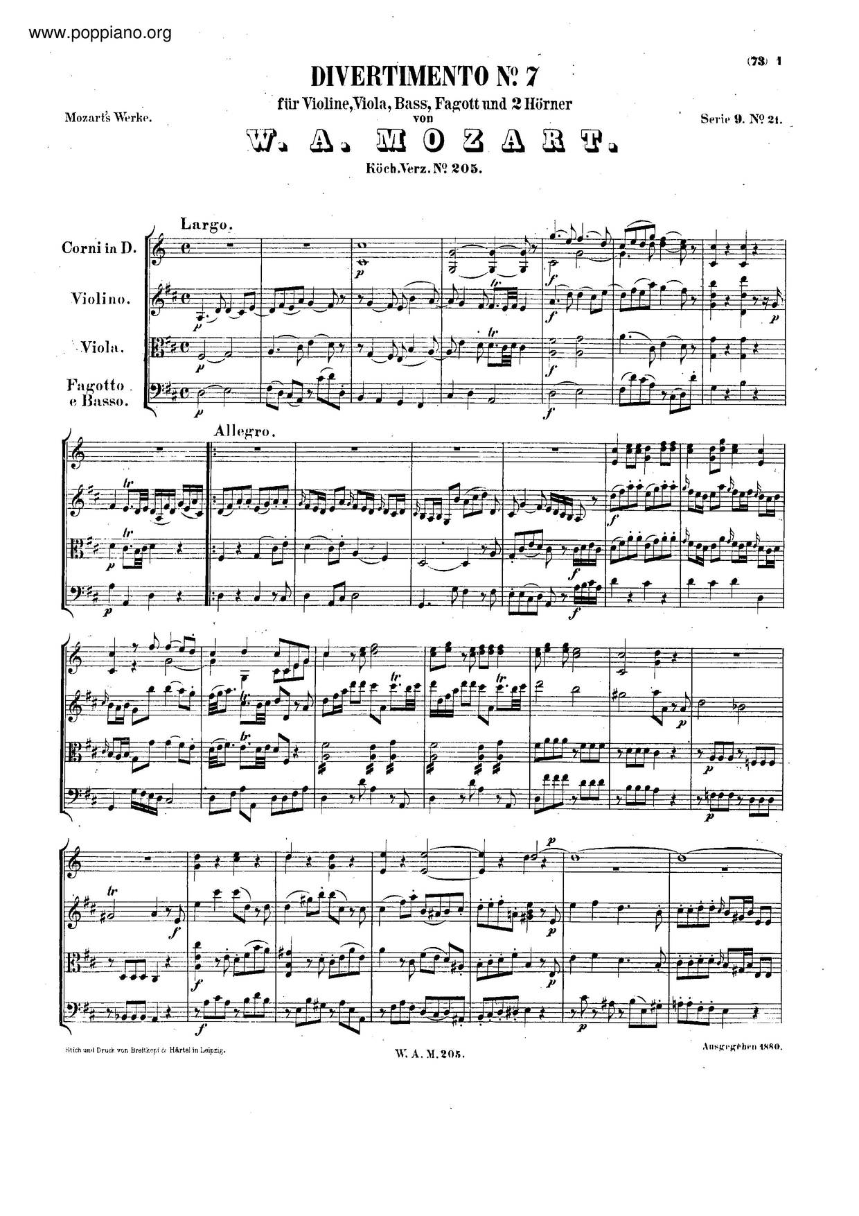 Divertimento In D, K. 205/167A琴谱