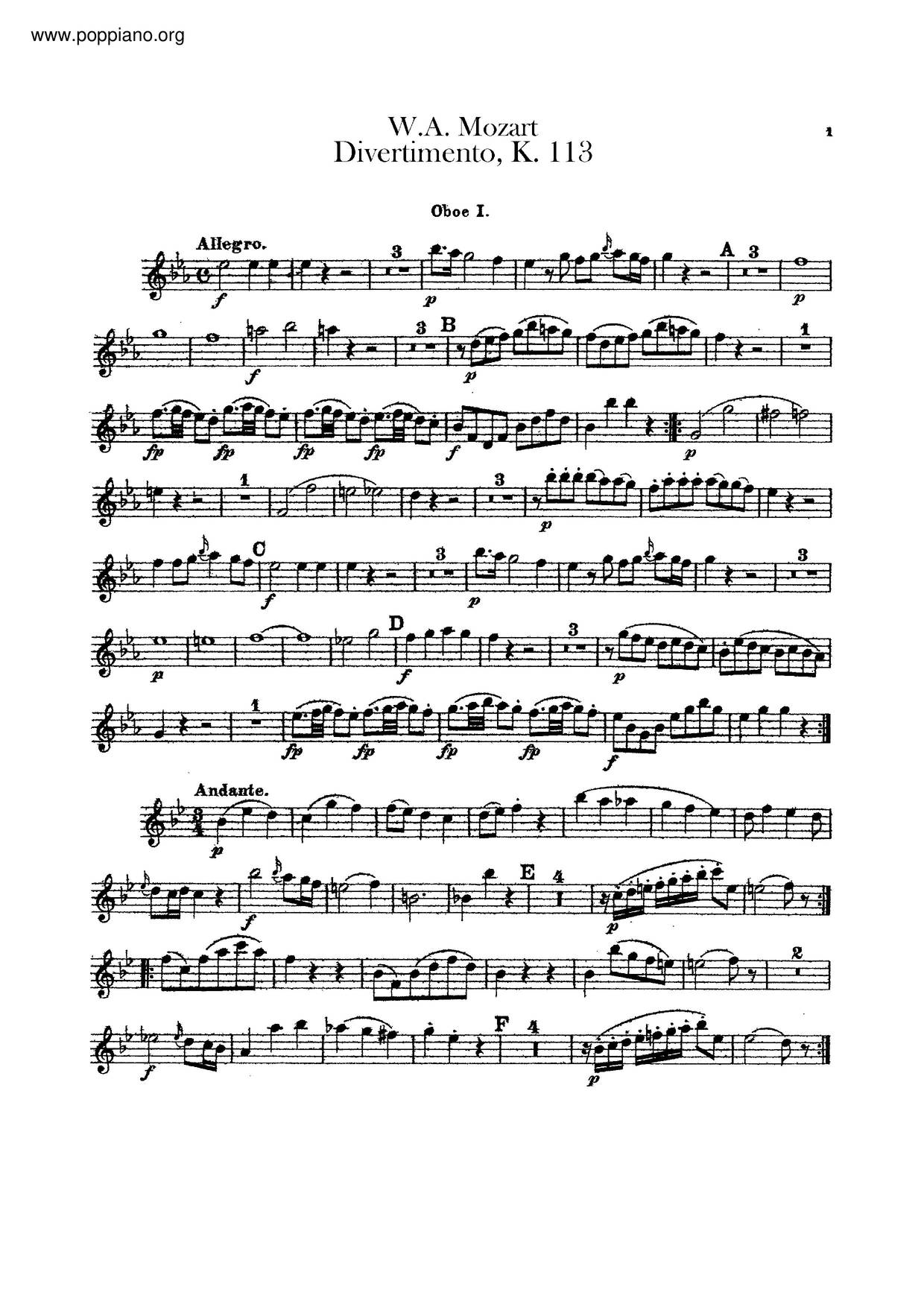 Divertimento In E-Flat Major, K. 113ピアノ譜