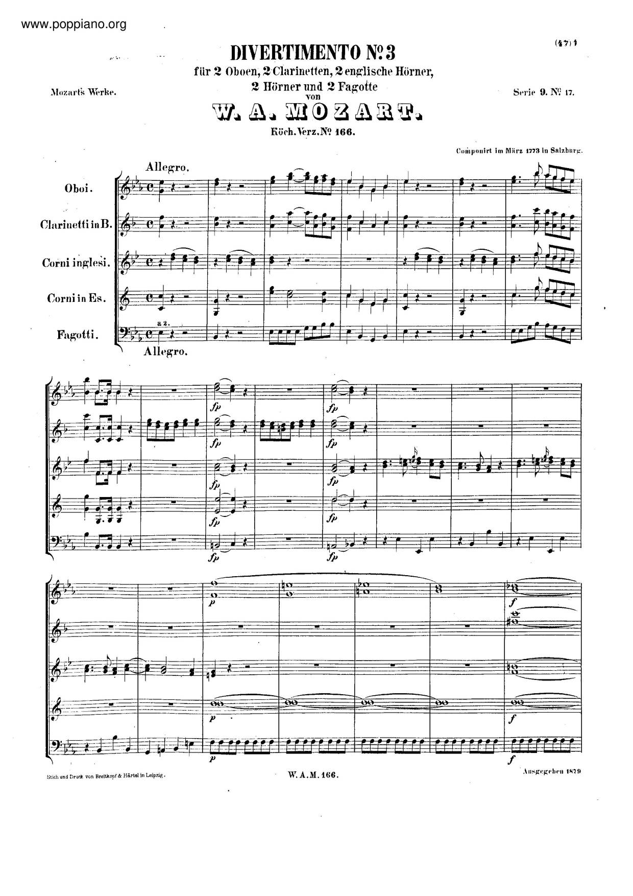 Divertimento In E-Flat Major, K. 166/159D琴譜