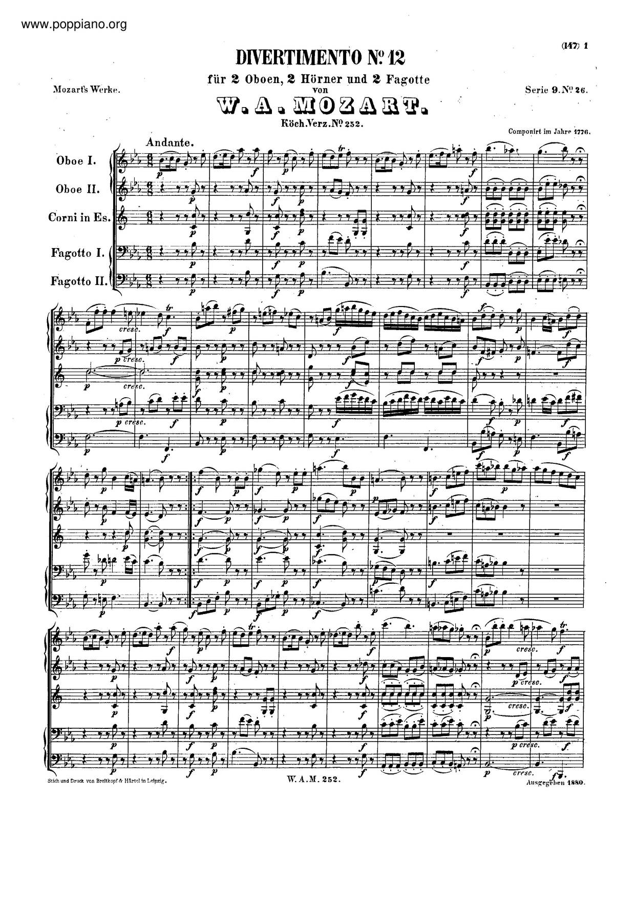 Divertimento In E-Flat Major, K. 252/240A Score