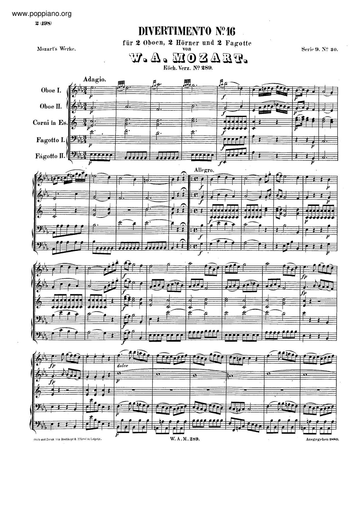 Divertimento In E-Flat Major, K. 289/271G琴譜