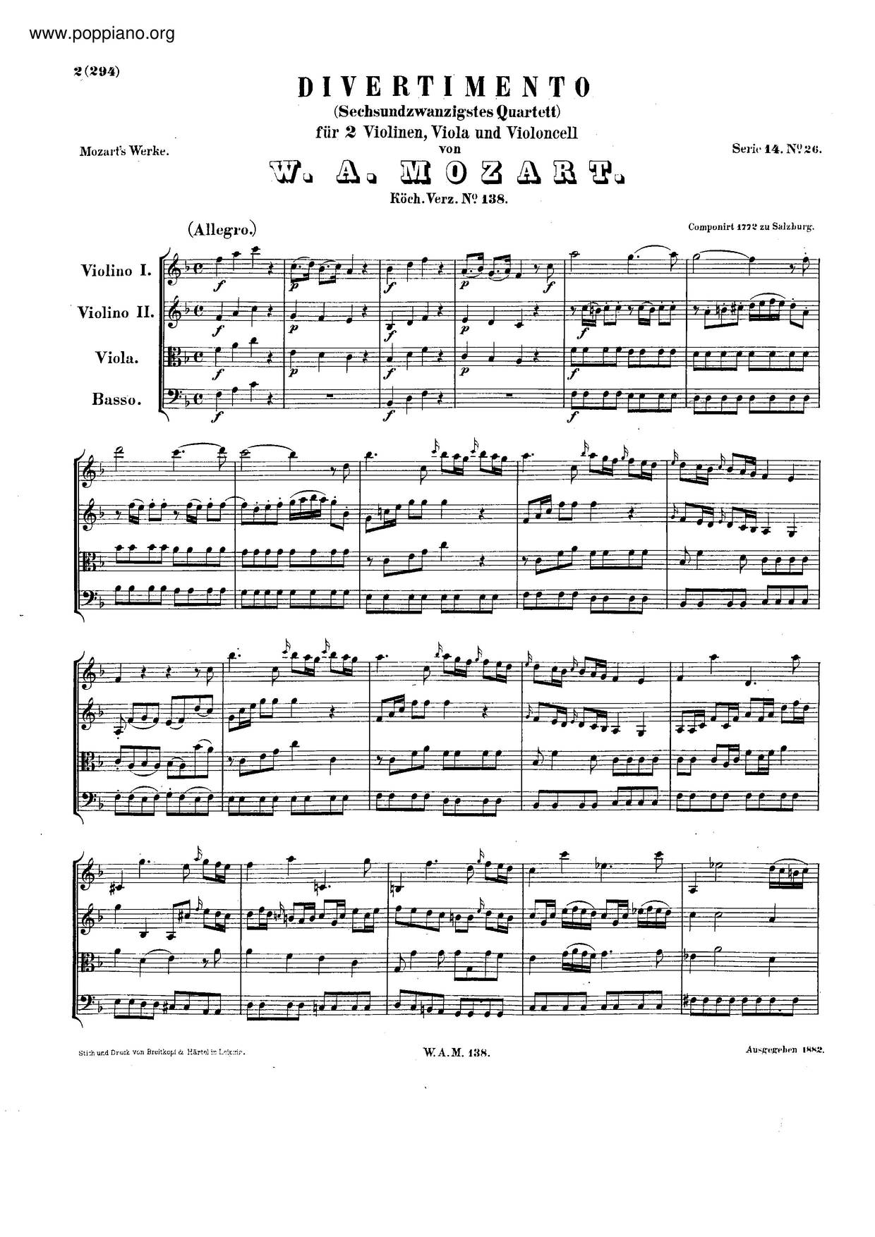 Divertimento In F Major, K. 138/125C Score