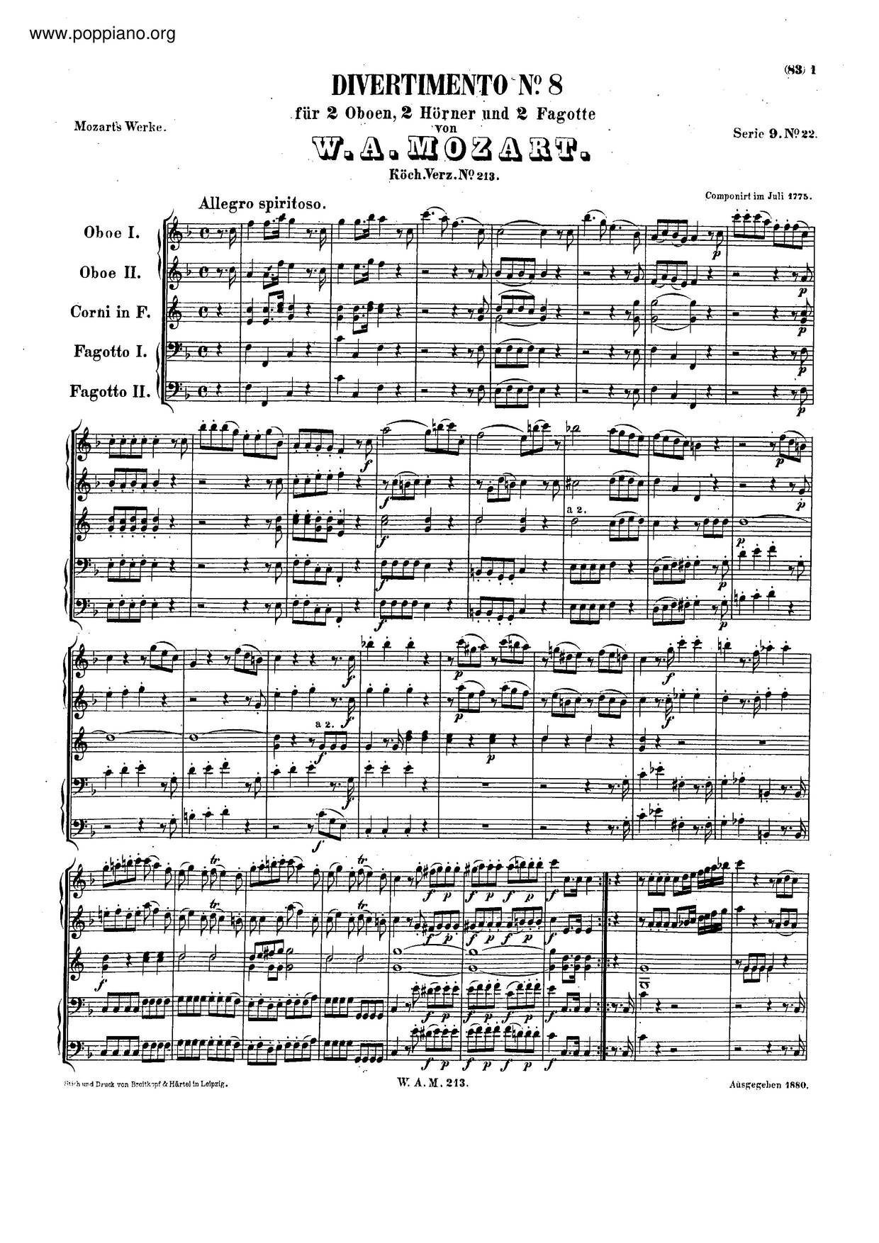 Divertimento In F Major, K. 213琴譜