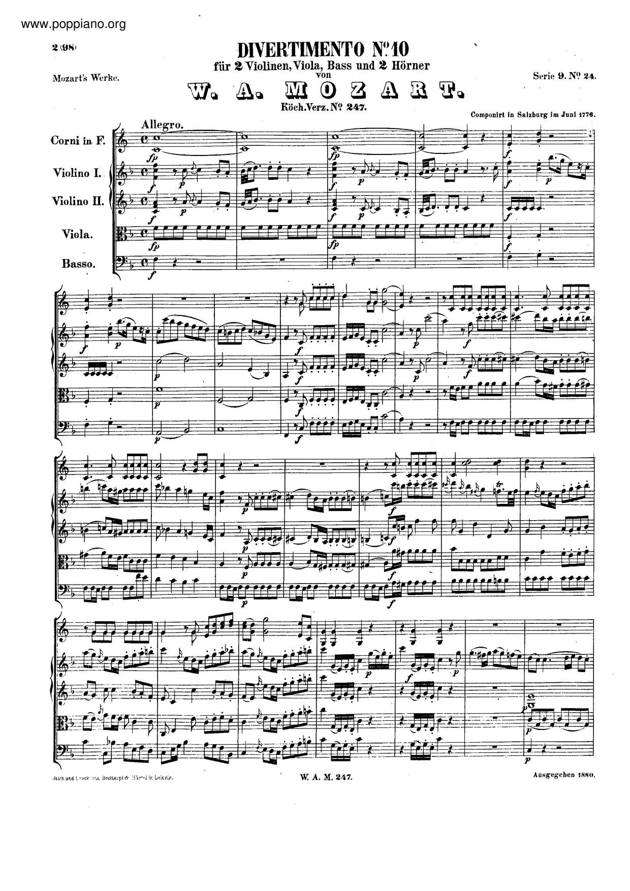 Divertimento In F Major, K. 247琴譜