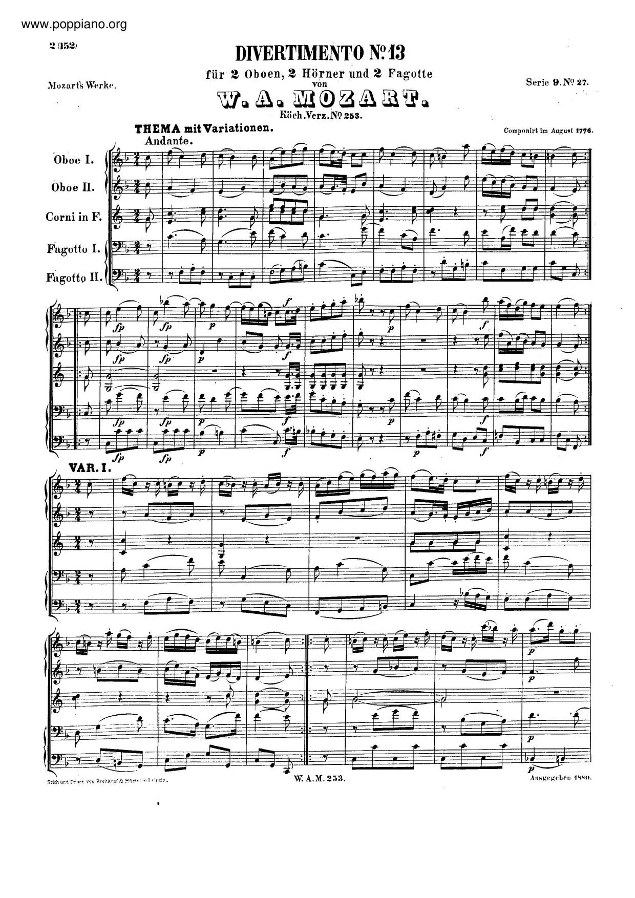 Divertimento In F Major, K. 253琴谱