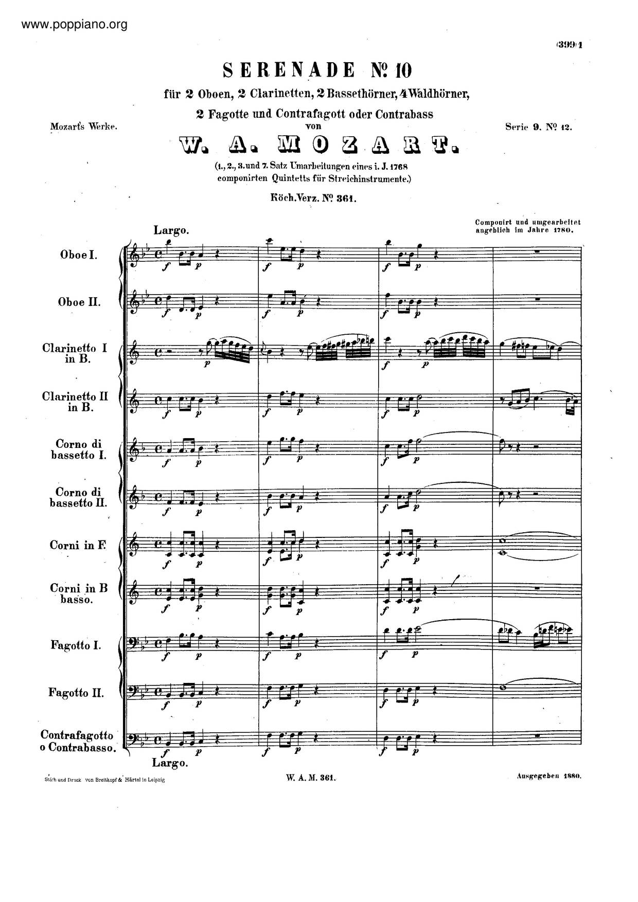 Serenade In B-Flat Major, K. 361/370A琴谱