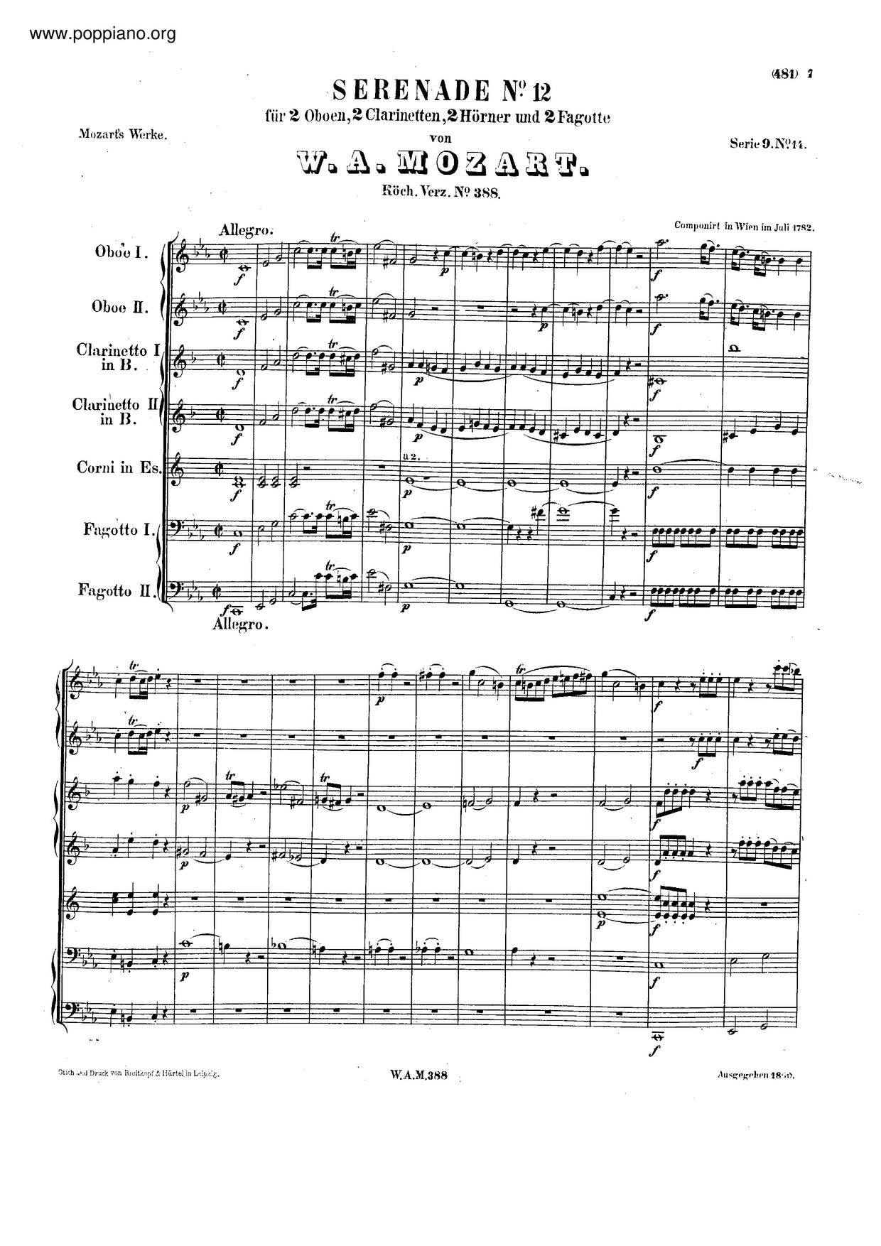 Serenade In C Minor, K. 388/384A Score