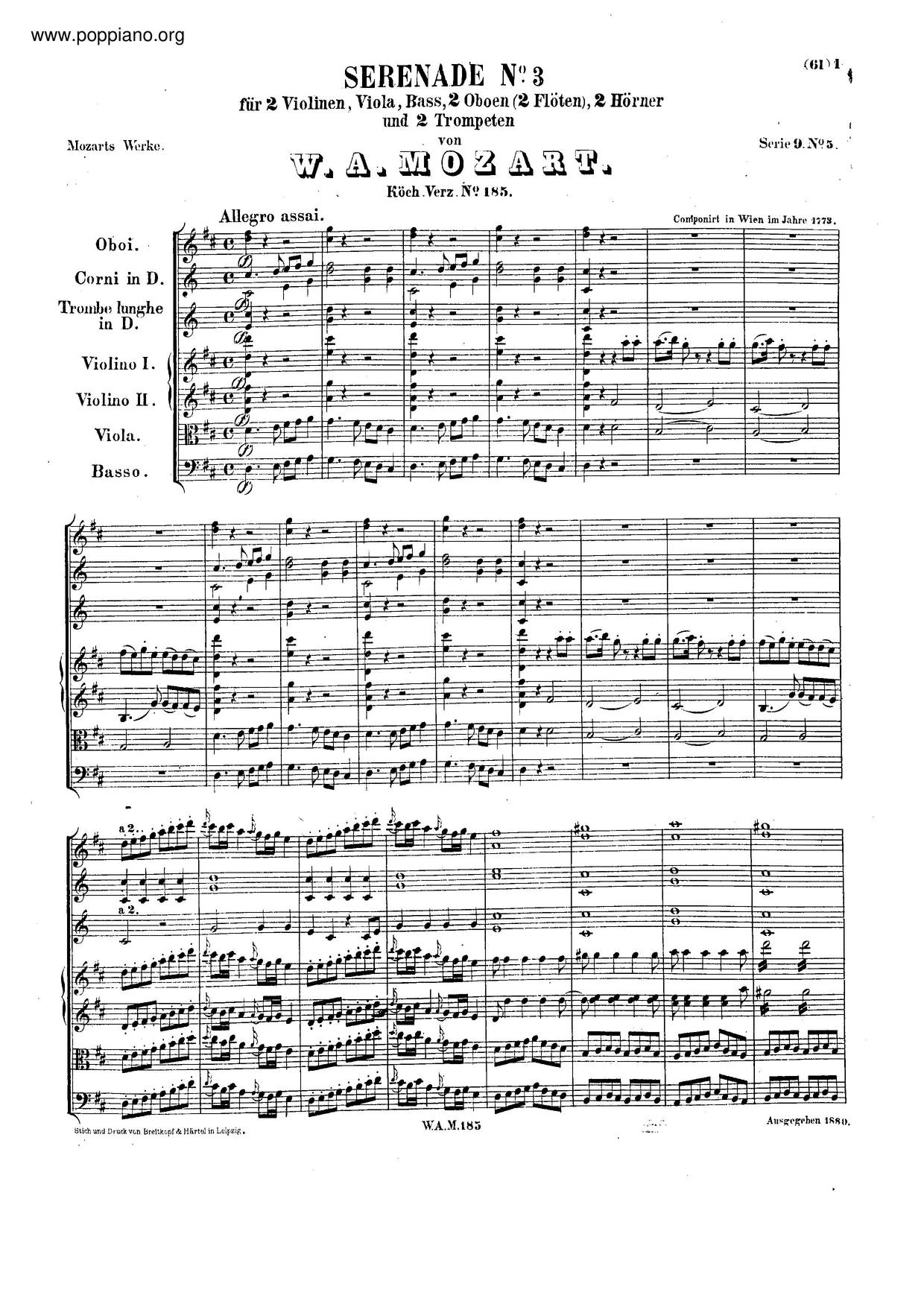 Serenade In D Major, K. 185/167Aピアノ譜