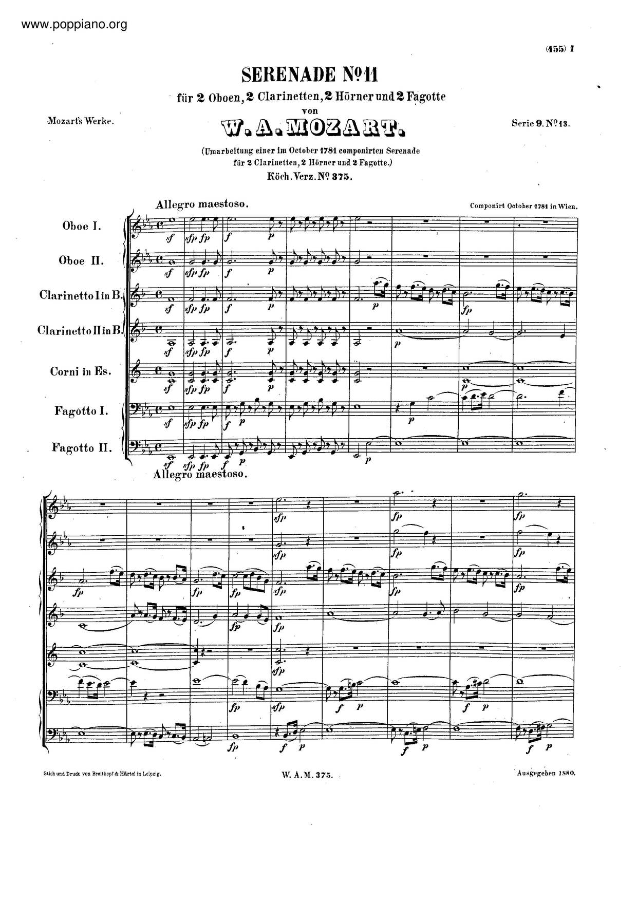 Serenade No. 11 In E-Flat Major, K. 375琴谱