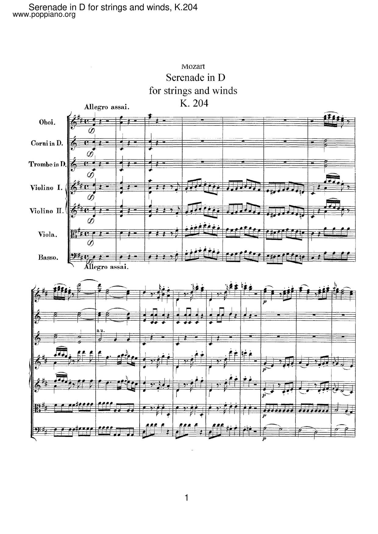 Serenade No. 5 In D Major, K. 204/213A琴谱