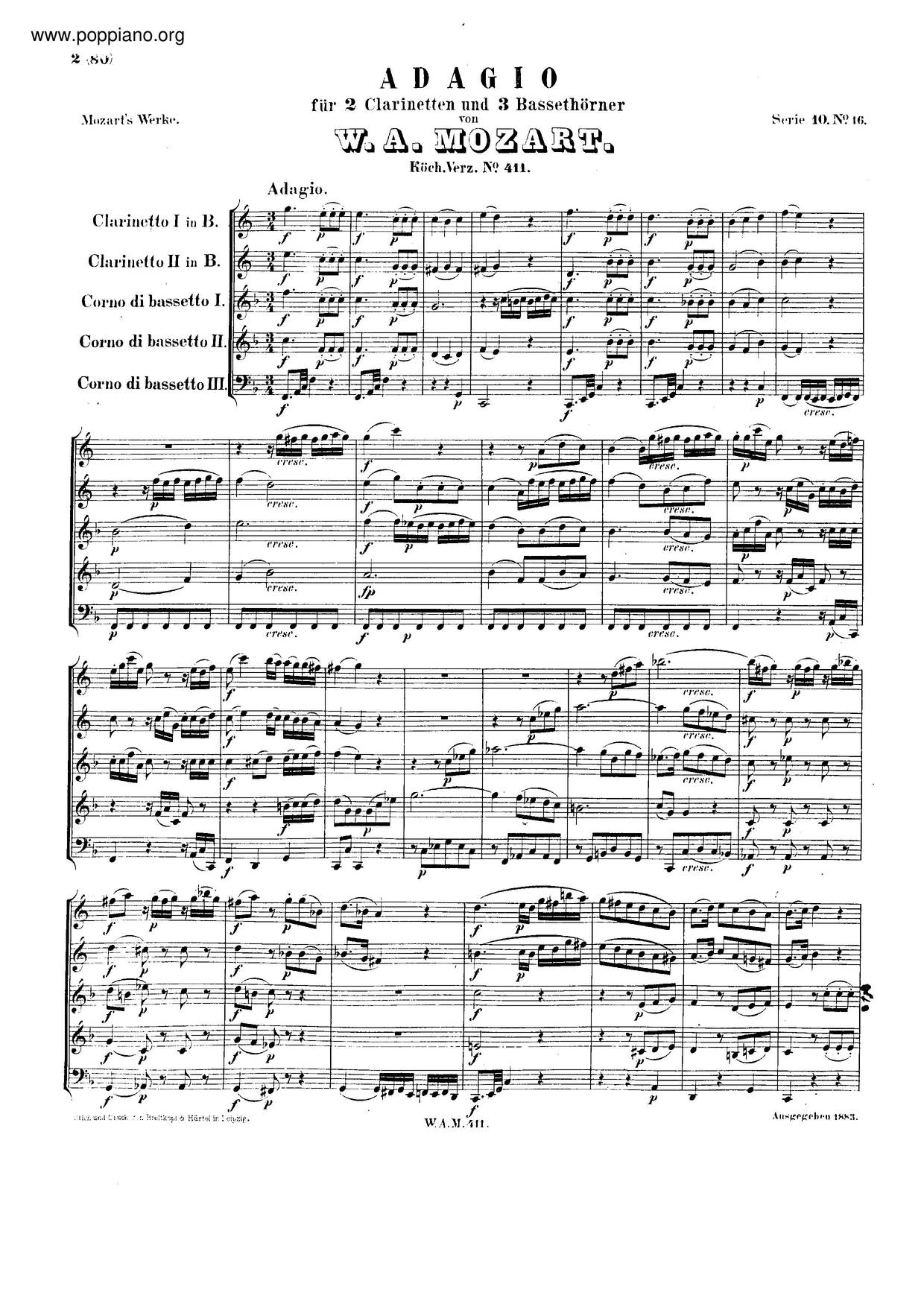Adagio In B-Flat Major, K. 411/484A Score