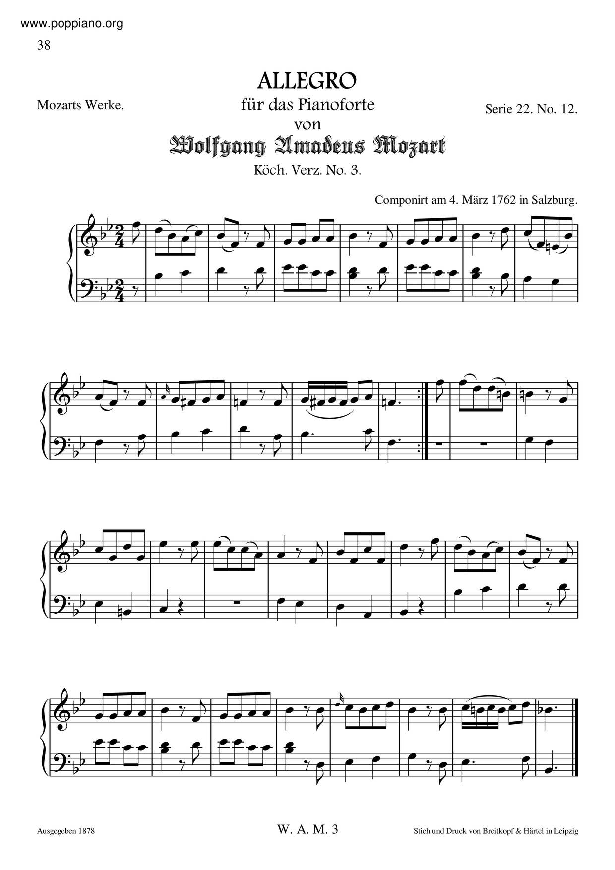 Allegro In B-Flat Major, K. 3 Score