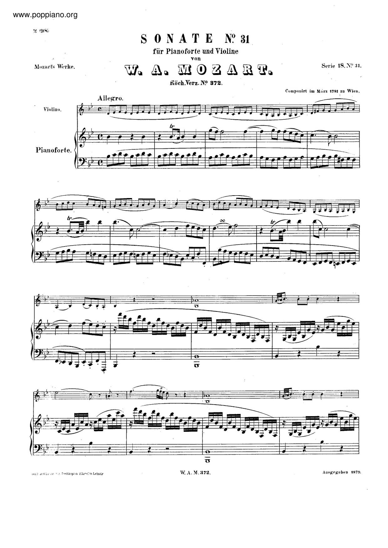 Allegro In B-Flat Major, K. 372琴谱