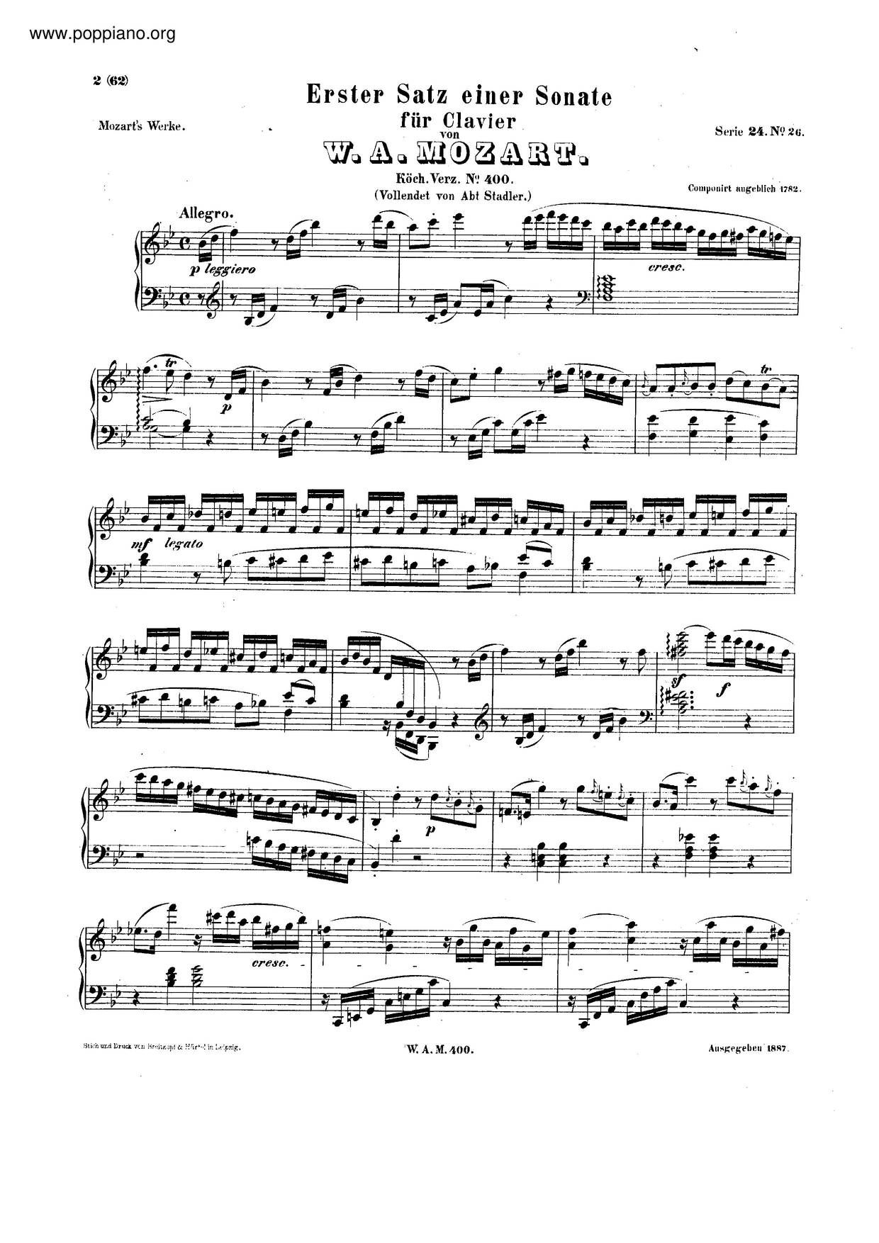 Allegro In B-Flat Major, K. 400/372A Score