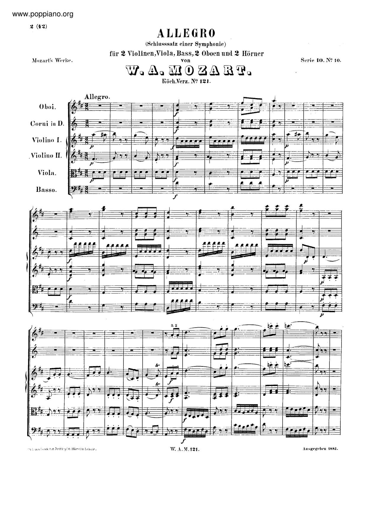 Allegro In D Major, K. 121/207A琴譜